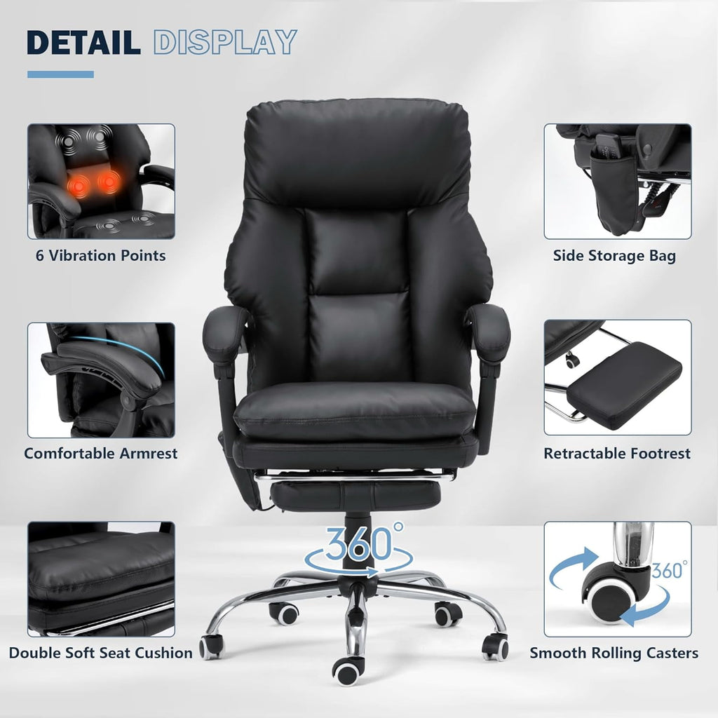 HOMREST Ergonomic Office Chair with 6-Point Massage & Heating, Adjustable Executive Desk Chair with Retractable Footrest, PU Leather Home Office Desk Chair for Home & Office (Black)