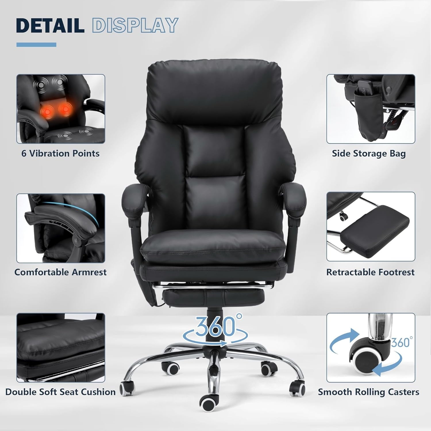 HOMREST Ergonomic Office Chair with 6-Point Massage & Heating, Adjustable Executive Desk Chair with Retractable Footrest, PU Leather Home Office Desk Chair for Home & Office (Black)