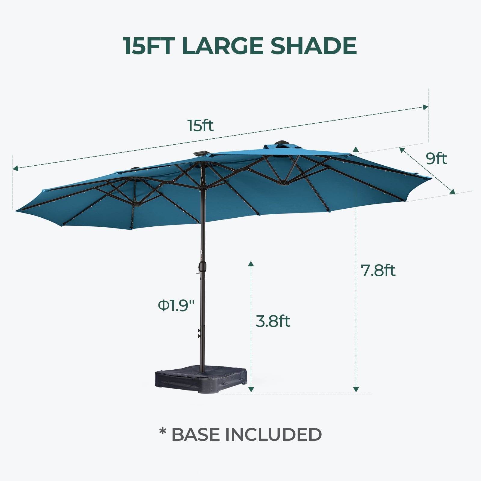 Patbrela 15ft Patio Umbrella with Light and Base, Double Sided  Large Rectangular Outdoor Umbrella with Crank Handle, for Garden, Yard, Poolside and Outdoor Activities, Gray