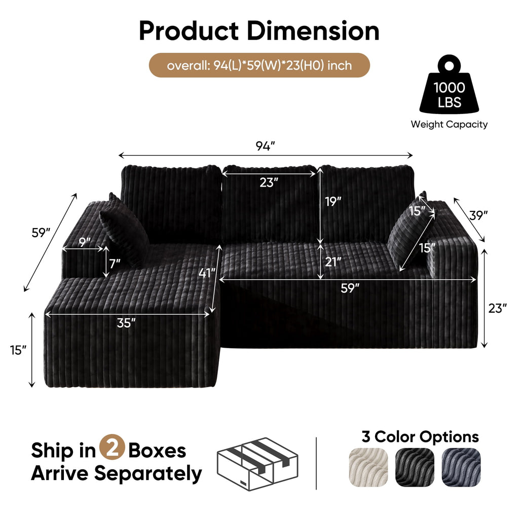 YVDNHP Modular Cloud Sofa - No Assembly Required, 107.8 Oversized L-Shaped Sectional with Chaise, Flannel Fabric Deep Seating Couch for Living Room