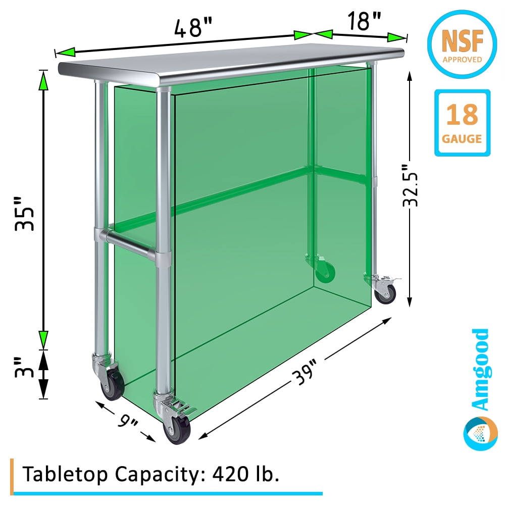 AmGood 36 Long x 30 Deep Stainless-Steel Work Table with Open Base and Wheels, Mobile Metal Table