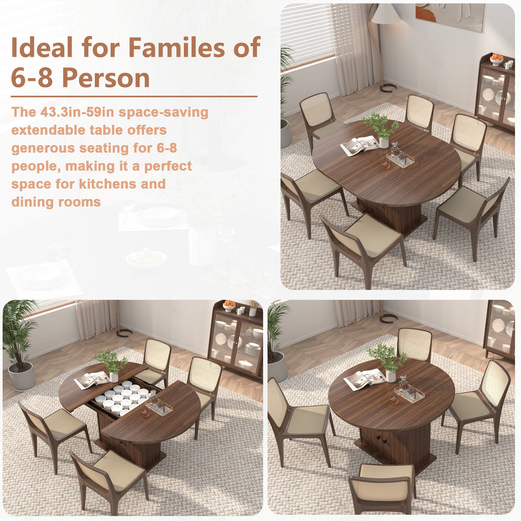 WARAYZ 43.3–59in Extendable Dining Table, Wood Expandable Design with Hidden Storage, Rectangular Space-Saving Dark Brown