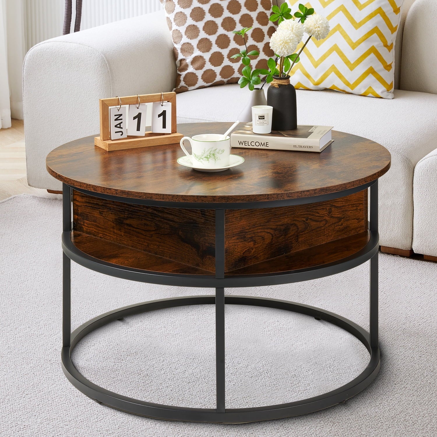 Keenstone Round Dining Table 43-59 Extendable, for 4 to 6, with Storage Space, Kitchen Dinner Room Table for Dining Room and Small Space Walnut
