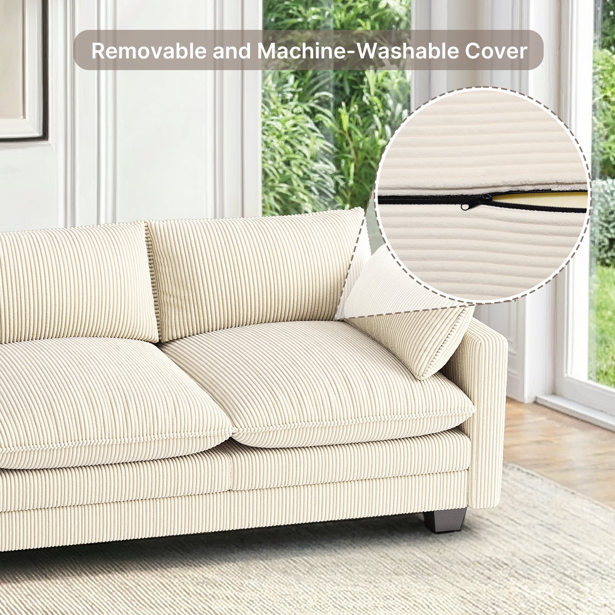 110 Cloud Couches for Living Room, Noelse 3 Seater Cloud Sofa with Double Layer Cushion and Deep Seat, Cream Couch with Washable Cover, Corduroy Fabric, Beige