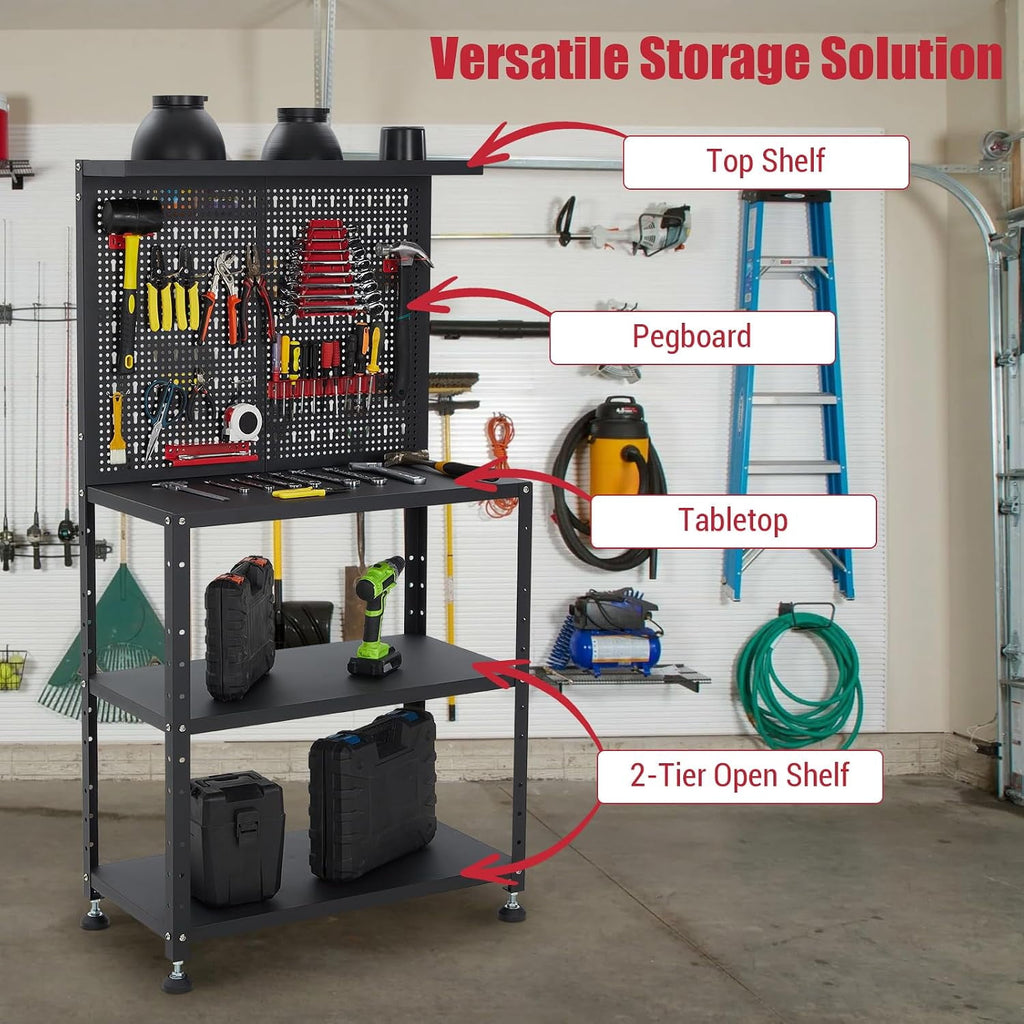 32x60 In Heavy Duty Steel Workbench 430 lb Capacity Garage Workbench with Pegboard Adjustable Shelves and Leveling Feet