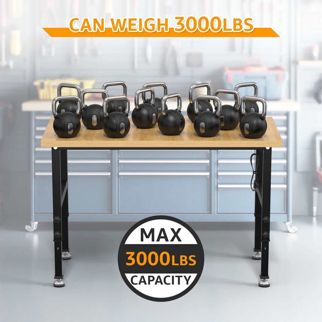 60 Adjustable Workbench,Heavy-Duty Work Table,3000 LBS Load Capacity Hardwood Workstation Outlets with Power strips and Wheels,for Workshop, Garage