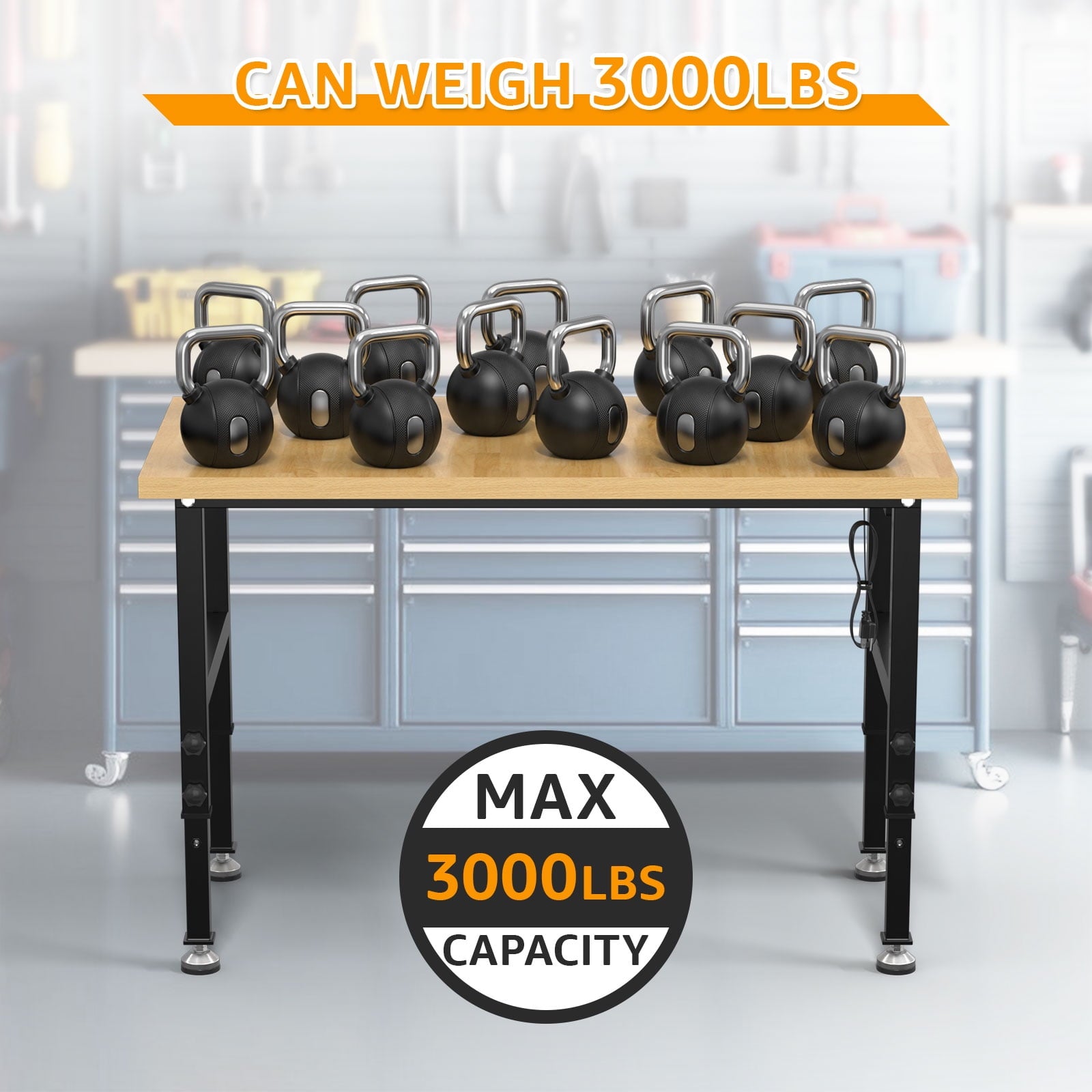 60 Adjustable Workbench,Heavy-Duty Work Table,3000 LBS Load Capacity Hardwood Workstation Outlets with Power strips and Wheels,for Workshop, Garage