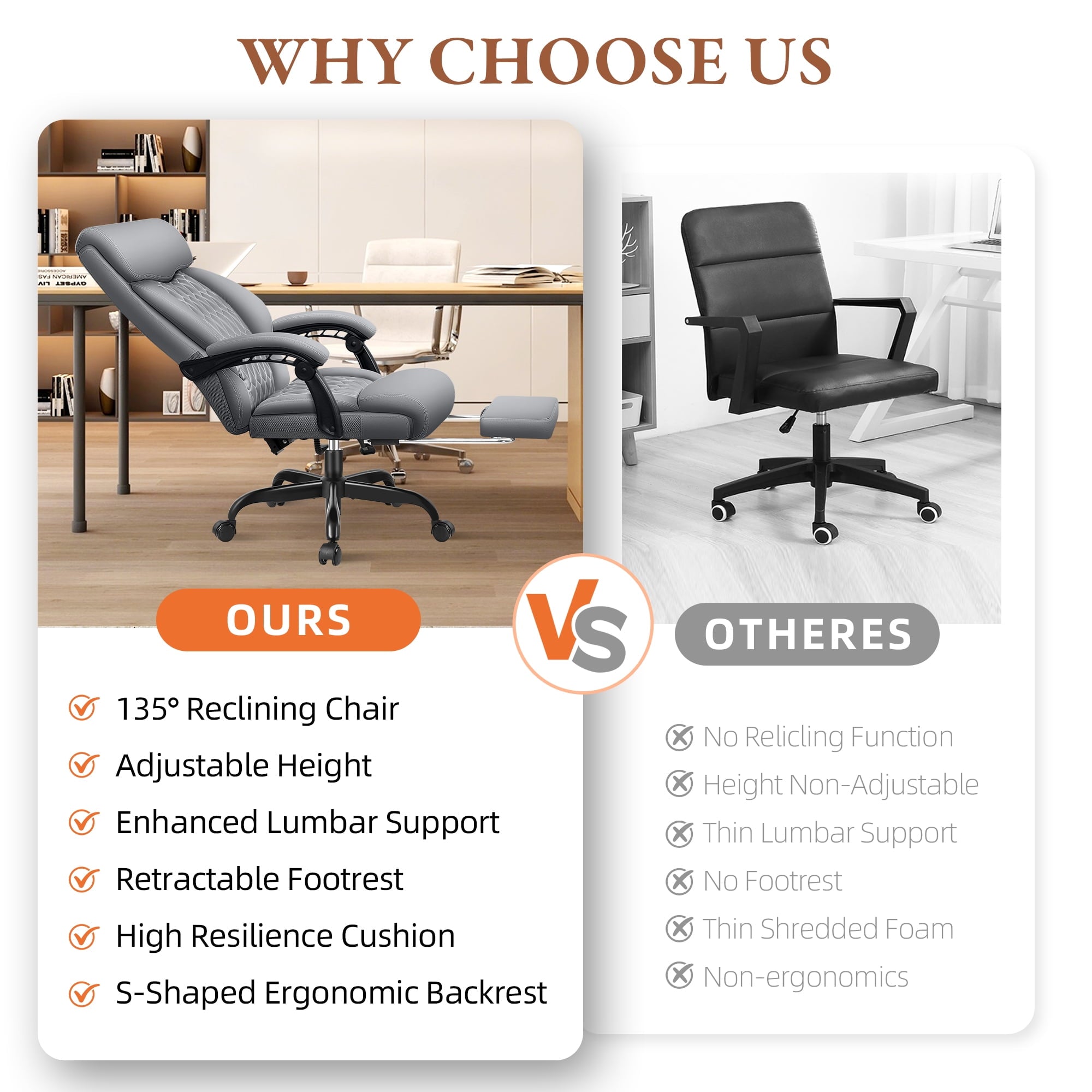 FASTES Executive Office Chair, Ergonomic Desk Chair with Adjustable Armrests, Computer Leather Chair Big and Tall Office Chair with Footrest and Lumbar Support, Brown