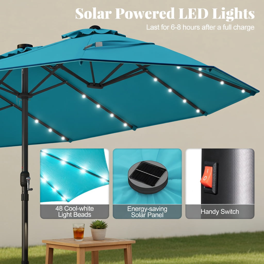 Demi Bonn 15FT Double-Sided Solar LED Patio Umbrella, 48 Warm LED Lights Large Steel Frame Sun Canopy, Stylish Outdoor Backyard Shade Umbrella, Turquoise Dark Red Beige Brown Orange Navy Gray