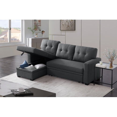 BSHTI L-Shaped Pull-Out Sleeper Sofa Bed with Storage Chaise, 3-Seater Convertible Corduroy Sectional Couch, Solid Wood & Iron Frame, Black