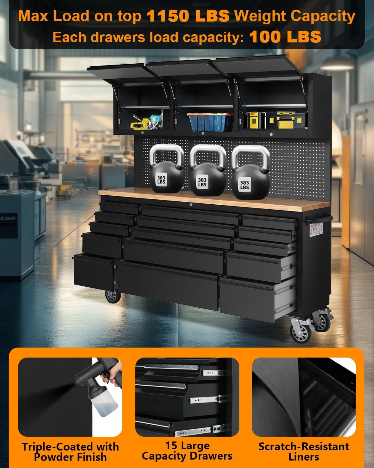 Garvee 72 Workbench Tool Chest, Large Rolling Work Bench with 15 Drawers and 3 Top Cabinets for Garage, Warehouse, Repair Shop, Black