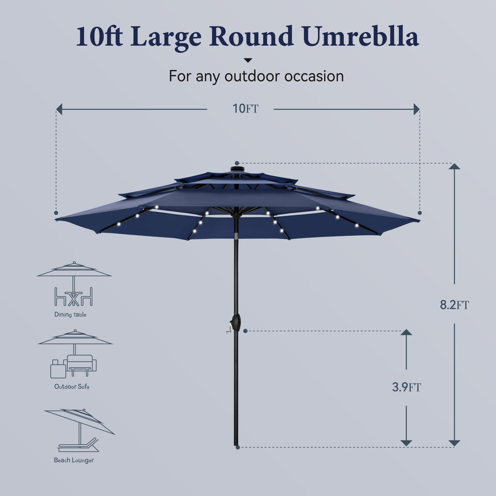 Summit Living 10ft Patio Umbrella with Solar Lights 3-Tier Vented Outdoor Market Umbrella with Auto-Tilt – Beige