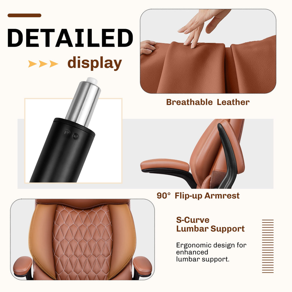 FASTES Executive Office Chair, Ergonomic Desk Chair with Adjustable Armrests, Computer Leather Chair Big and Tall Office Chair with Footrest and Lumbar Support, Brown