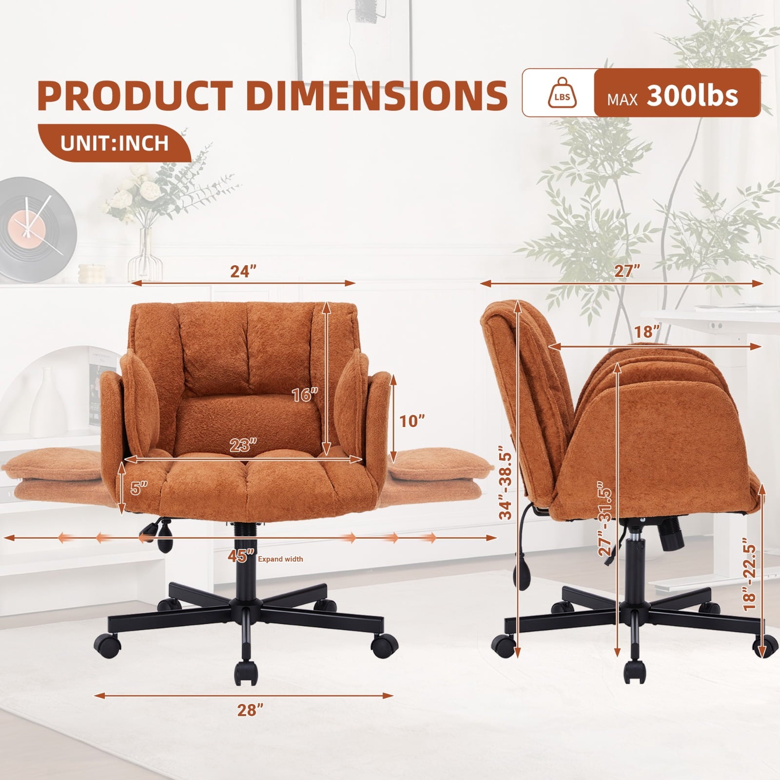 Cross Legged Office Chair with Wheels & Dynamic Airbag Lumbar Support, Criss Cross Wide Seat, 5-Position Fold-Down Armrests, Swivel Vanity Chair for Home Office, Dark Green