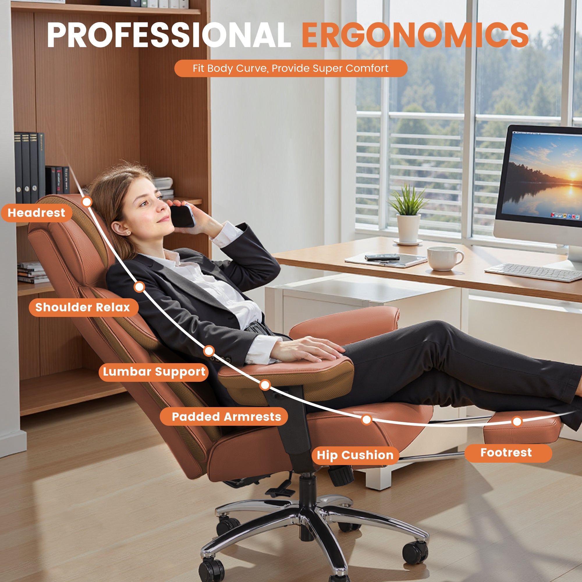 COOLHUT Big and Tall Office Chair 400LBS, Adjustable Headrest Ergonomic Computer Desk Chair, Executive Leather Chair with Adjustable Armrest, High Back Office Chair Havy Duty Design, Black