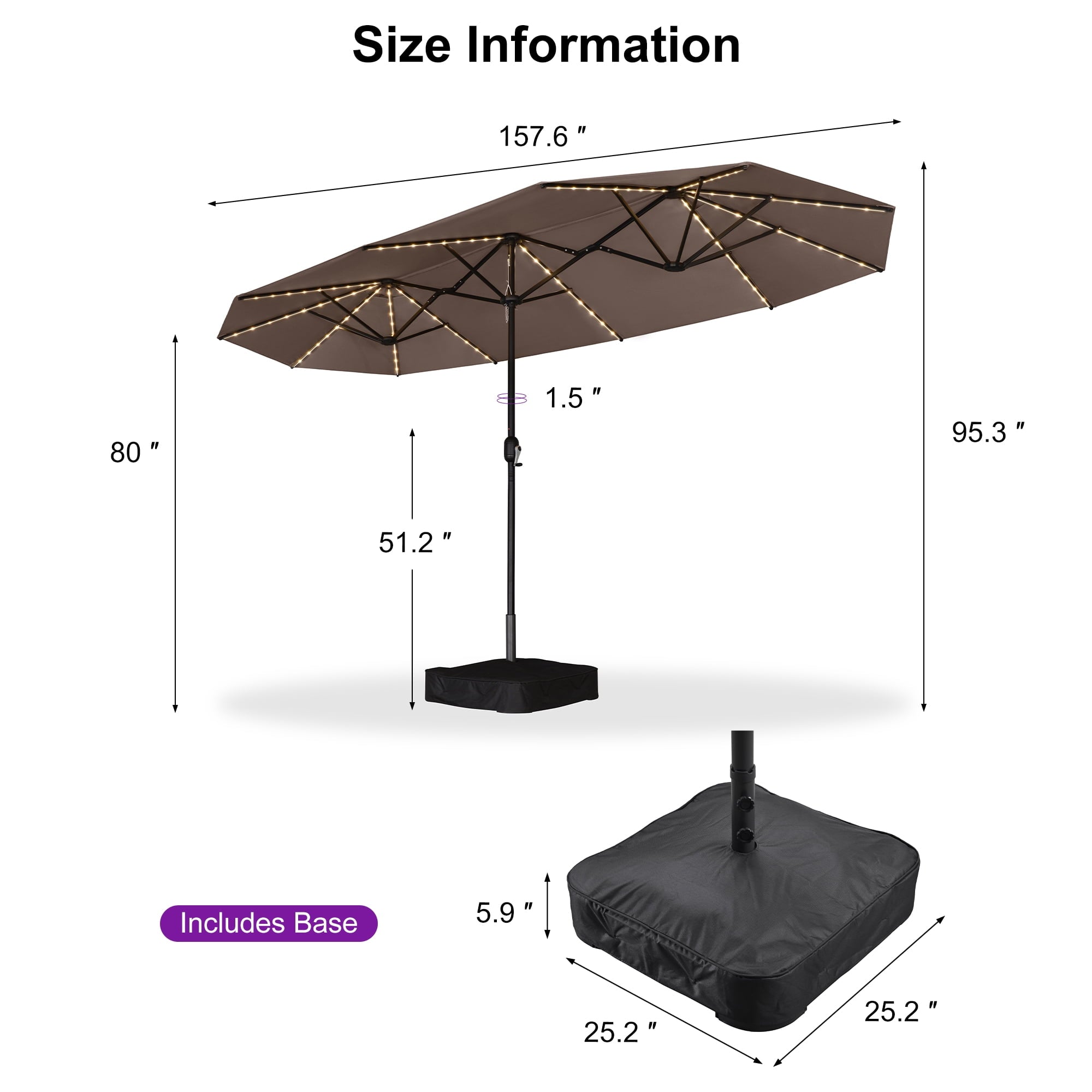PURPLE LEAF 13ft Market Patio Umbrella with Solar LED and Base Double-Sided Sun Umbrellas for Pool Beach Deck Backyard Taupe