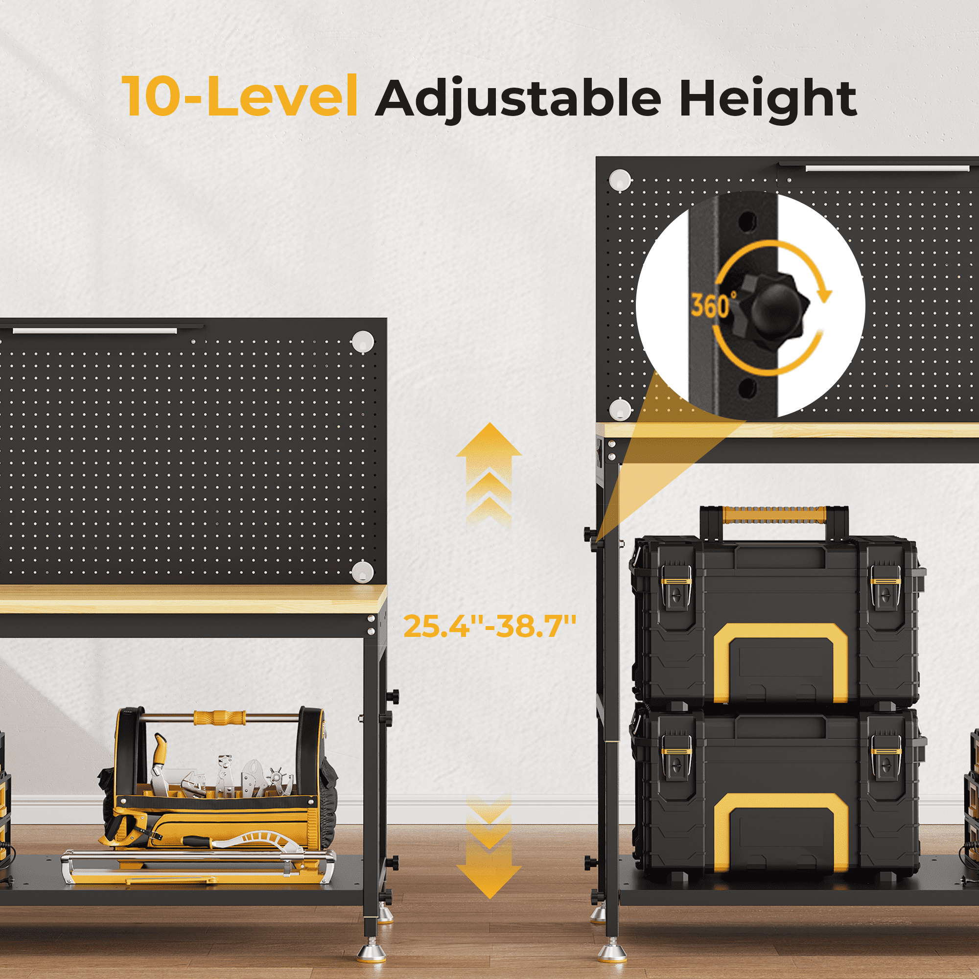 60 Multifunctional Heavy Duty Workbench for Garage with Pegboard,2000LBS Load,Adjustable Height,LED Light,Rubberwood Tabletop
