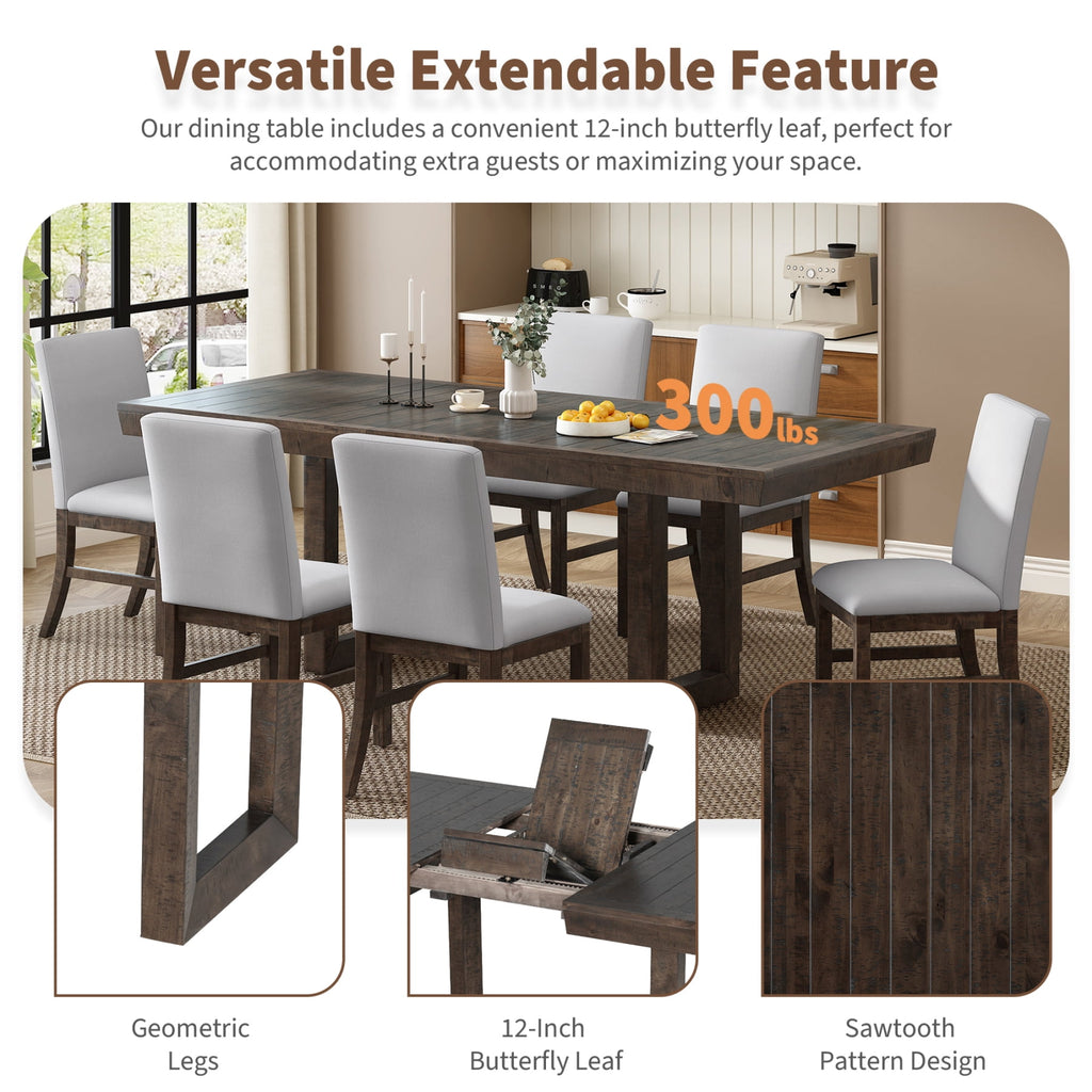 Harper & Bright Designs 7 Pieces Retro Dining Set for 6, Wood Rectangular Table with Designed Trestle Base and 6 Upholstered Chairs for Dining Room and Kitchen, Grey