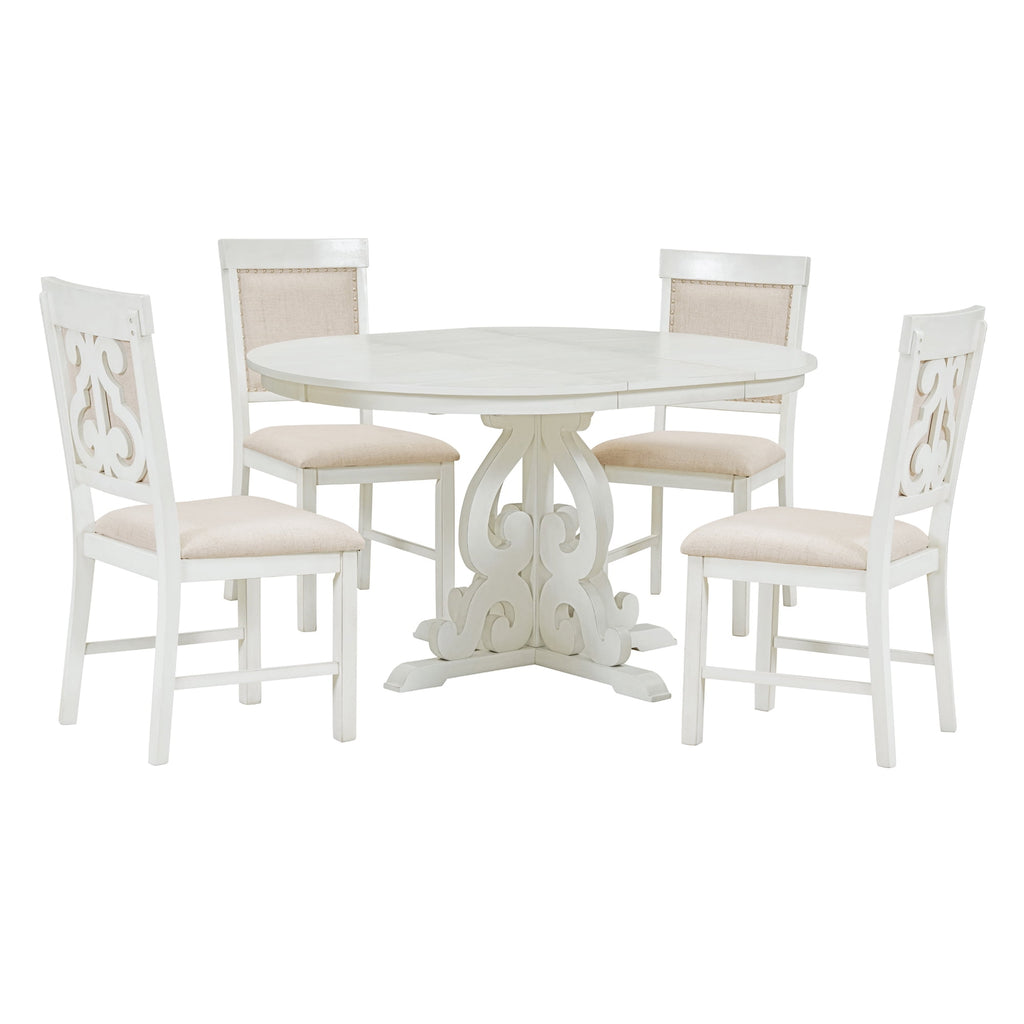 Harper & Bright Designs Farmhouse 5 Piece Kitchen Dining Table Set for 4, Solid Wood Extendable Round Dining Table Set and 4 Upholstered Chairs, Retro Dining Set for Kitchen, Natural Wood Wash