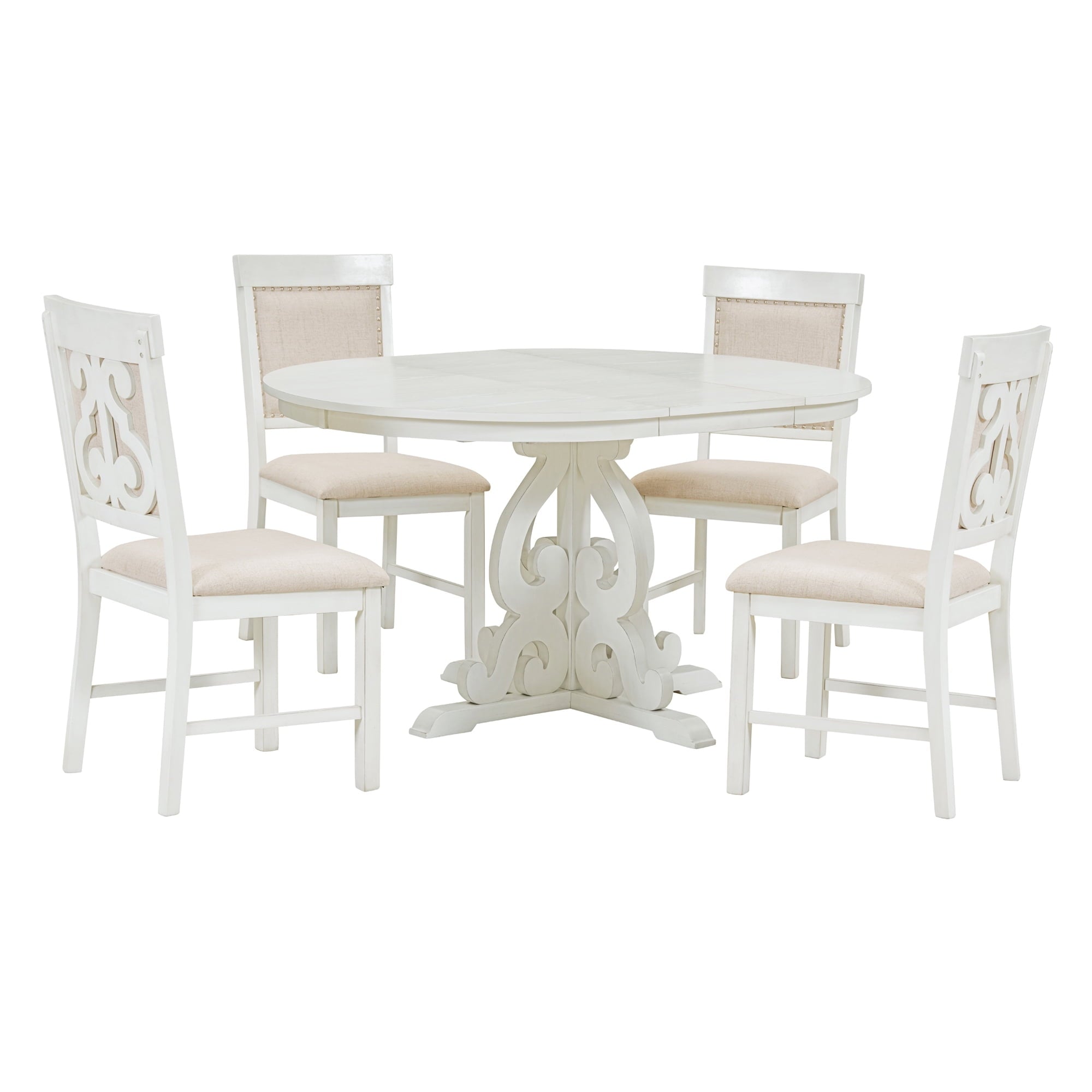 Harper & Bright Designs Farmhouse 5 Piece Kitchen Dining Table Set for 4, Solid Wood Extendable Round Dining Table Set and 4 Upholstered Chairs, Retro Dining Set for Kitchen, Natural Wood Wash