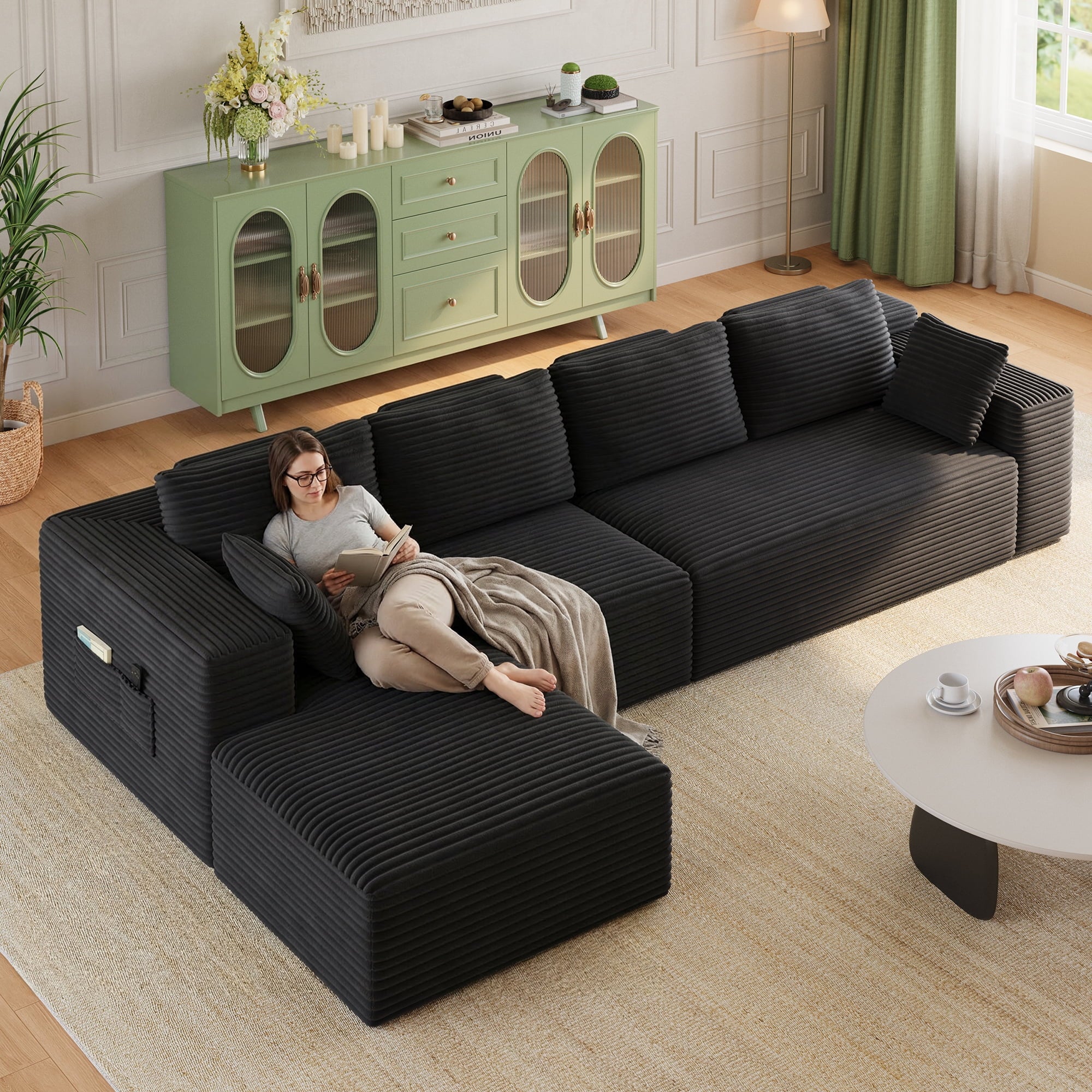 Comfortable Sofa Couch, Lofka L Shaped Foam Couch for Office, Living Room, Green