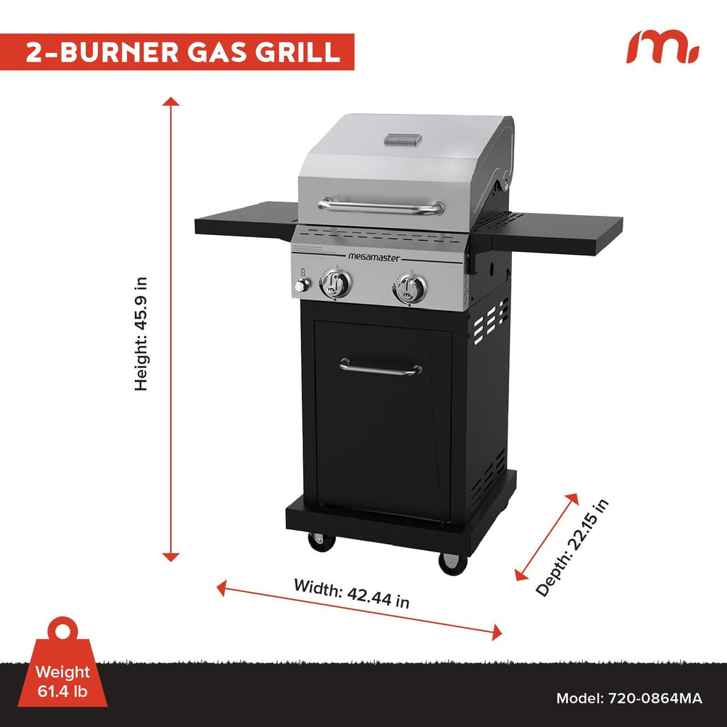Megamaster Deluxe 2-Burner Gas Grill with Foldable Side Tables, 418 SQ In Cooking Space, 28000 BTUs, Stainless Steel Lid, Propane BBQ Grill for Outdoor Cooking, Patios, Backyards and More -720-0864MA