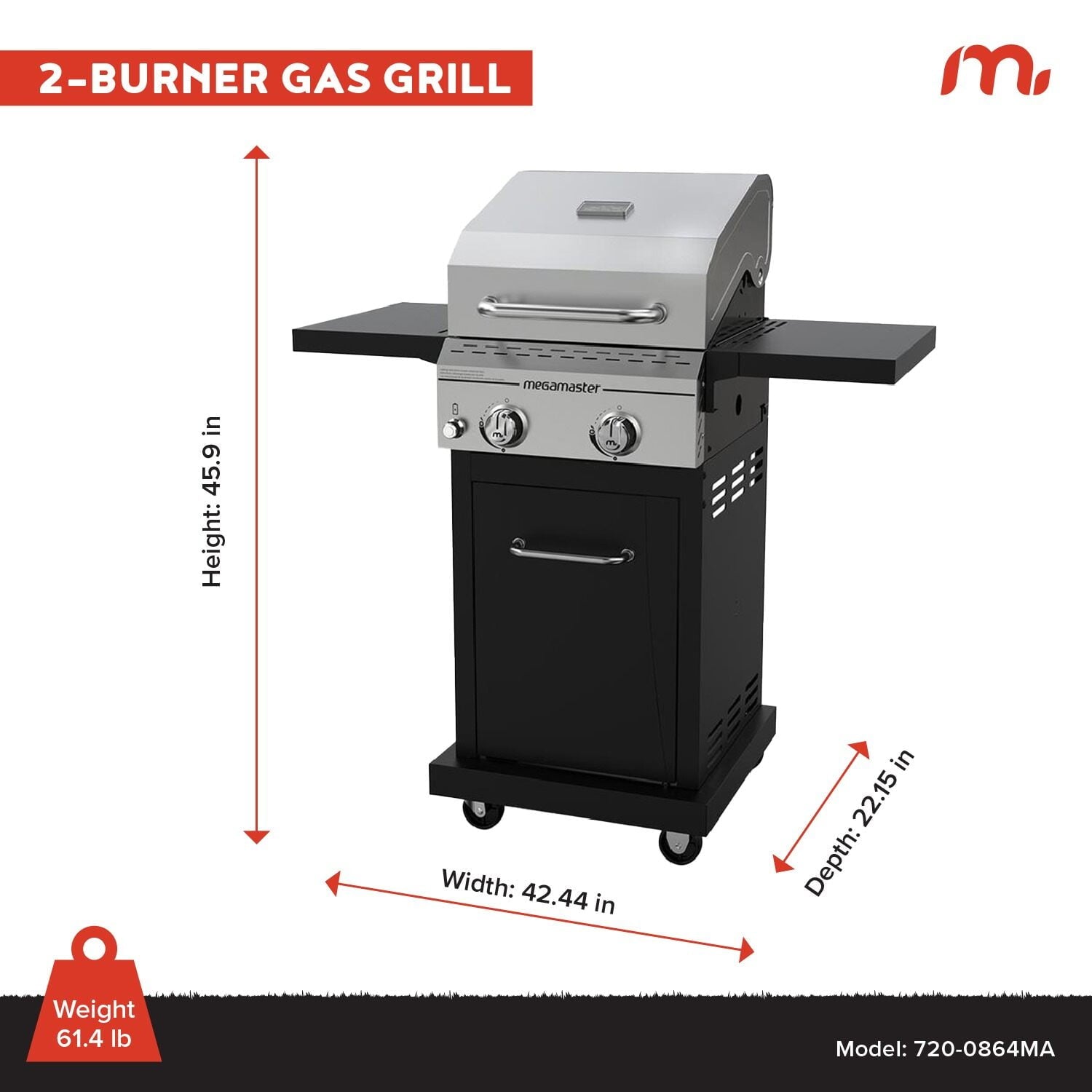 Megamaster Deluxe 2-Burner Gas Grill with Foldable Side Tables, 418 SQ In Cooking Space, 28000 BTUs, Stainless Steel Lid, Propane BBQ Grill for Outdoor Cooking, Patios, Backyards and More -720-0864MA
