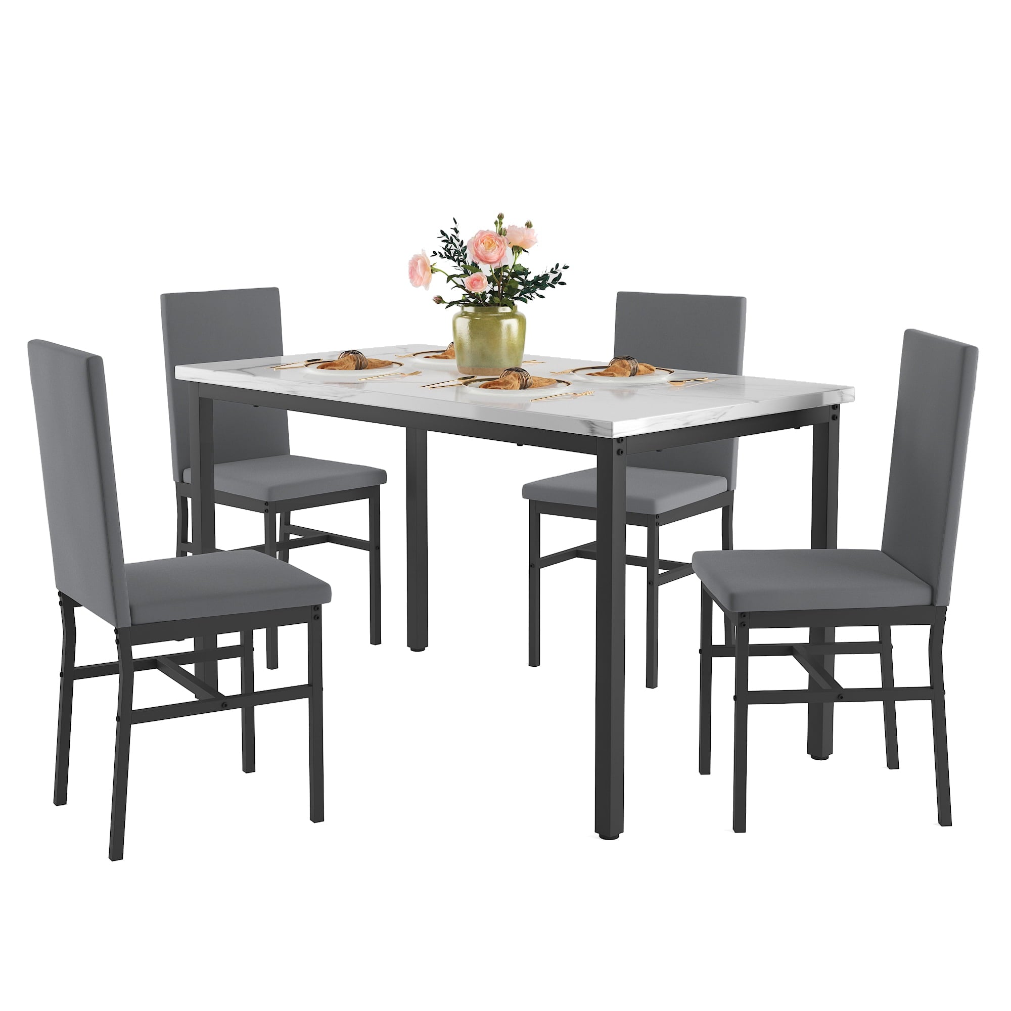 SYNGAR 5 Piece Dining Set, Modern Dining Table and Chairs Set for 4, Kitchen Dining Table Set with Faux Marble Tabletop & 4 Upholstered Chairs, for Small Space, Breakfast Nook, D9224
