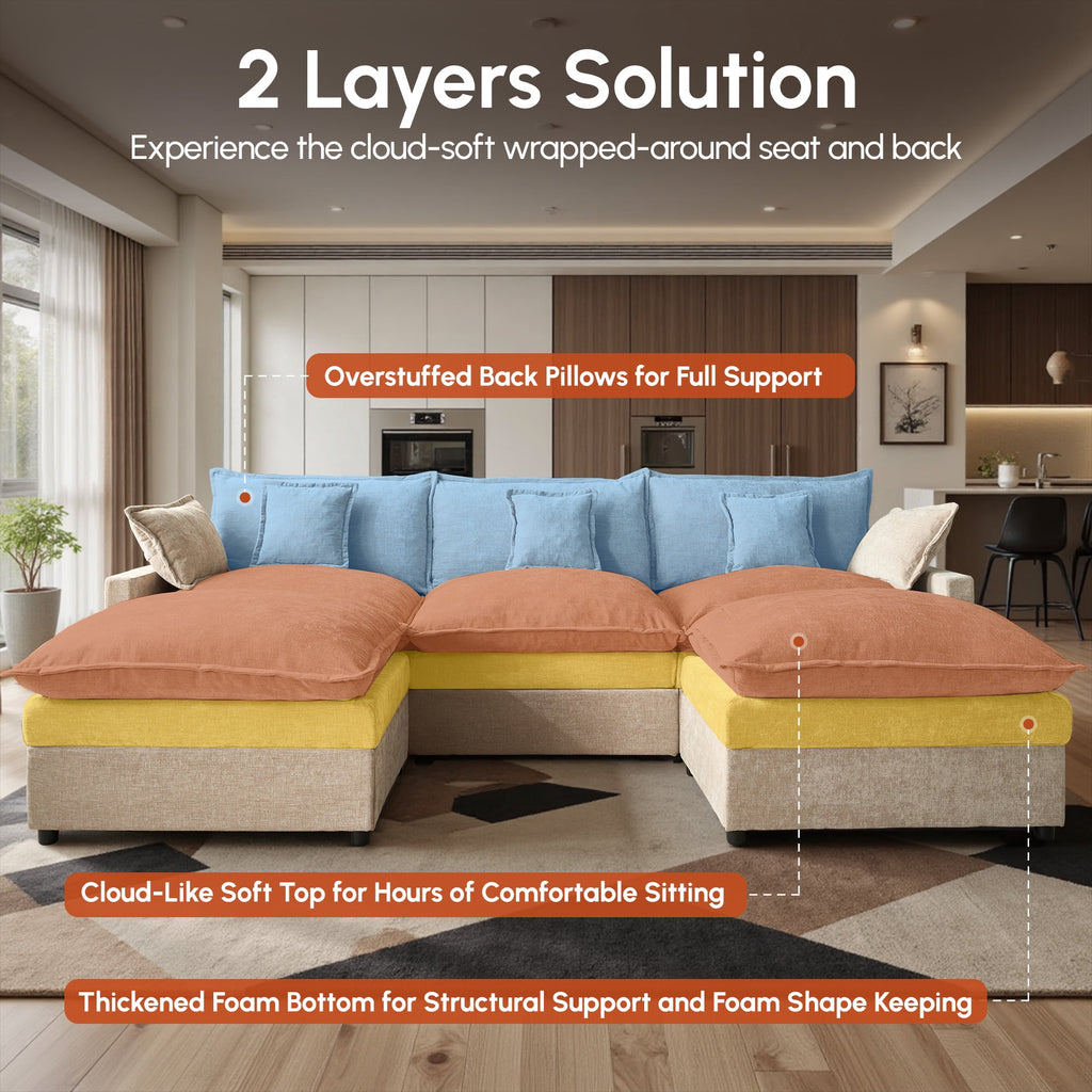 Ovios 108 Modular Sectional Sofa U-Shaped Cloud Couch with 2 Ottomans, Comfy Living Room Furniture, Chenille, Dark Blue
