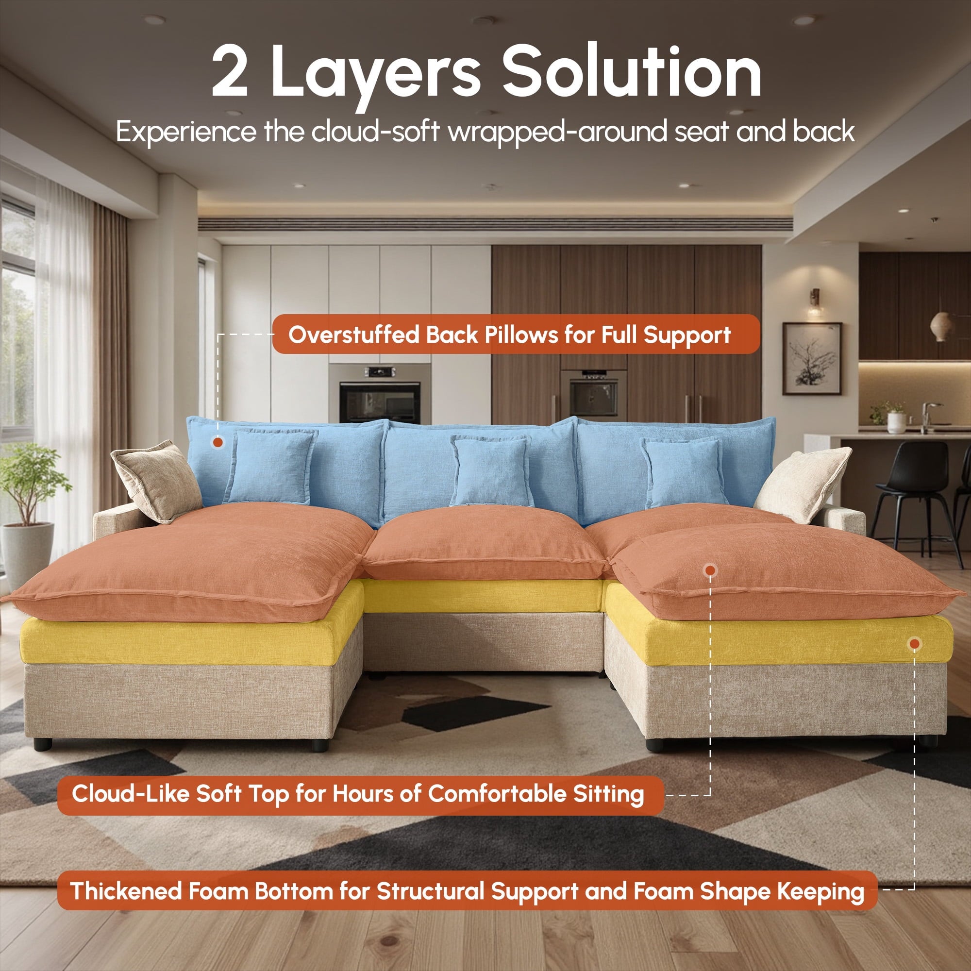 Ovios 108 Modular Sectional Sofa U-Shaped Cloud Couch with 2 Ottomans, Comfy Living Room Furniture, Chenille, Dark Blue