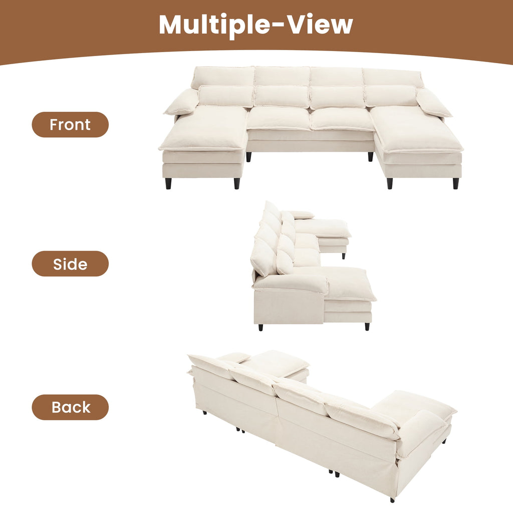 JONPONY109.45 U Shaped Couch,Oversized 4 Seat Sectional with 4 Waist Pillows, Convertible Upholstery Symmetrical Sofá,Sleeper Sofa Couch with Double Chaise Lounge &Memory Foam for Living Room, Beige