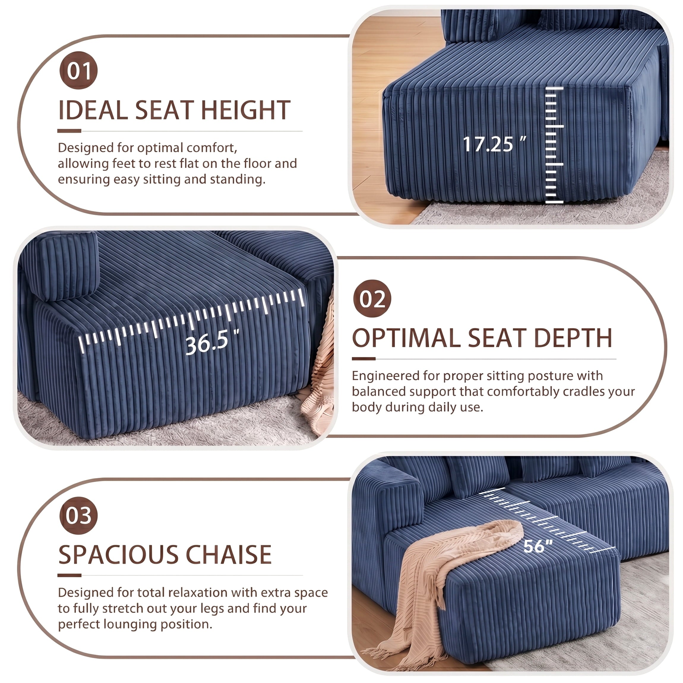SOULART 138.5 U Shaped Sectional Couch,Gray Cloud Boneless Sofa For Living Room,Plush Corduroy Couches With Deep Seat Chaise Lounge,No Assembly Required