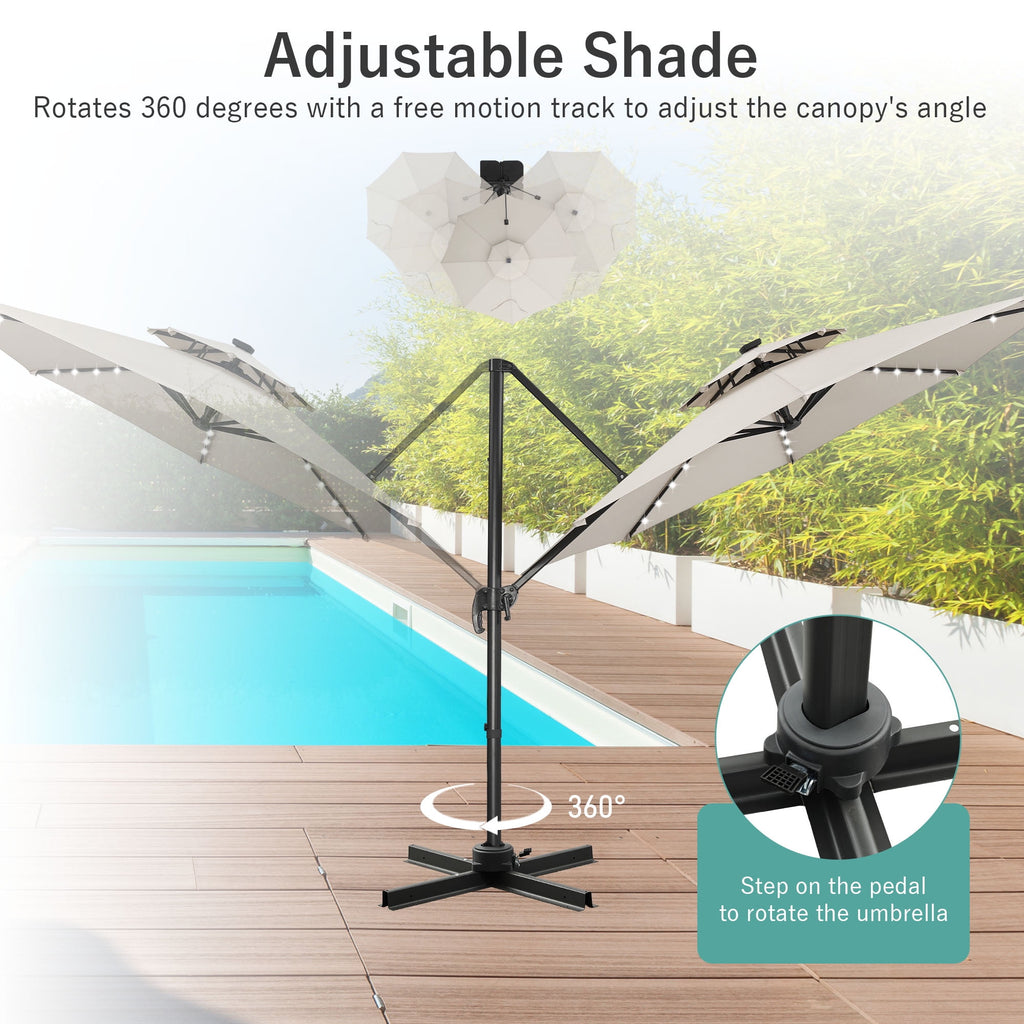 Ainfox 10ft Double Top Heavy-Duty Patio Cantilever Umbrella with lights and Cross Base, Outdoor Large Offset Hanging Aluminum Rotation Sun Shade Solar Umbrella with 360°Rotation Adjustable,Khaki