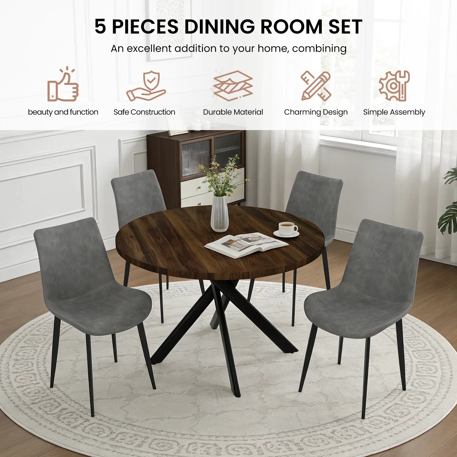 43.5 Round Dining Table for 4, Space Saving Kitchen Table with Metal Legs, Mid Century Modern Dining Table for Dining Living Room Apartment Small Space