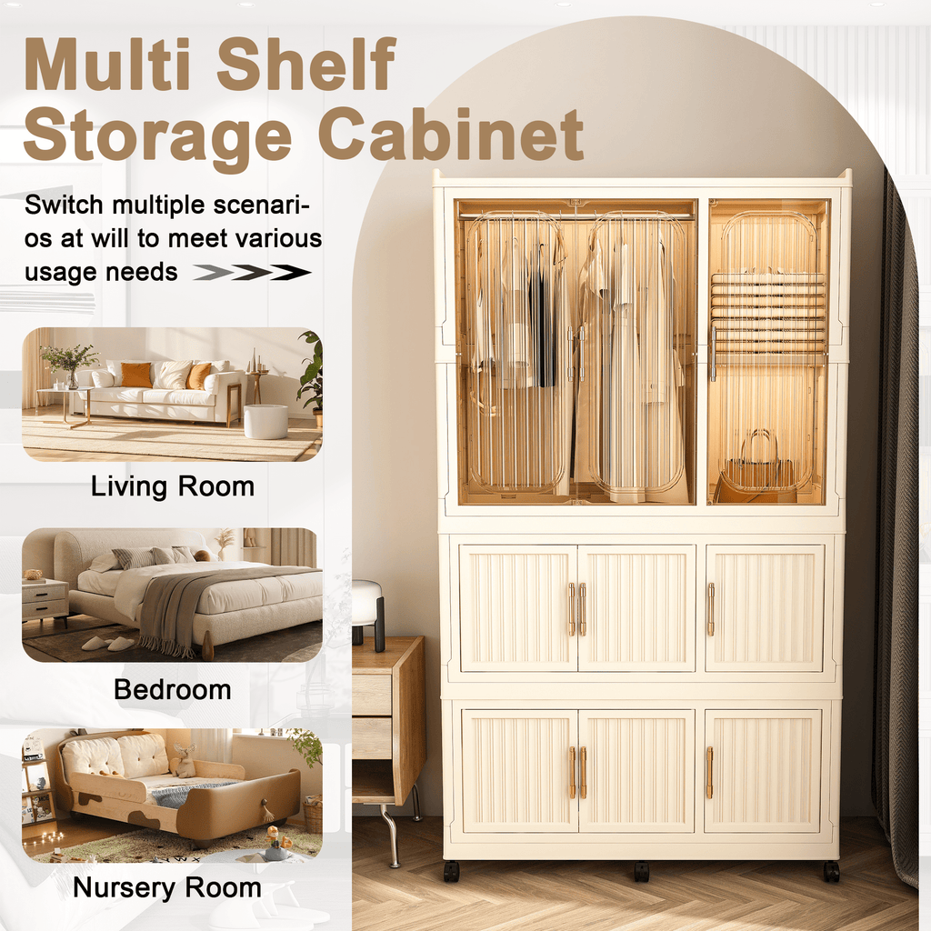 Garmic 62 Foldable Storage Wardrobe with Wheels, Portable Closet Organizer with 9 Magnetic Doors & 2 Hanging Rod, Plastic Armoire for Clothes Toys Books, White