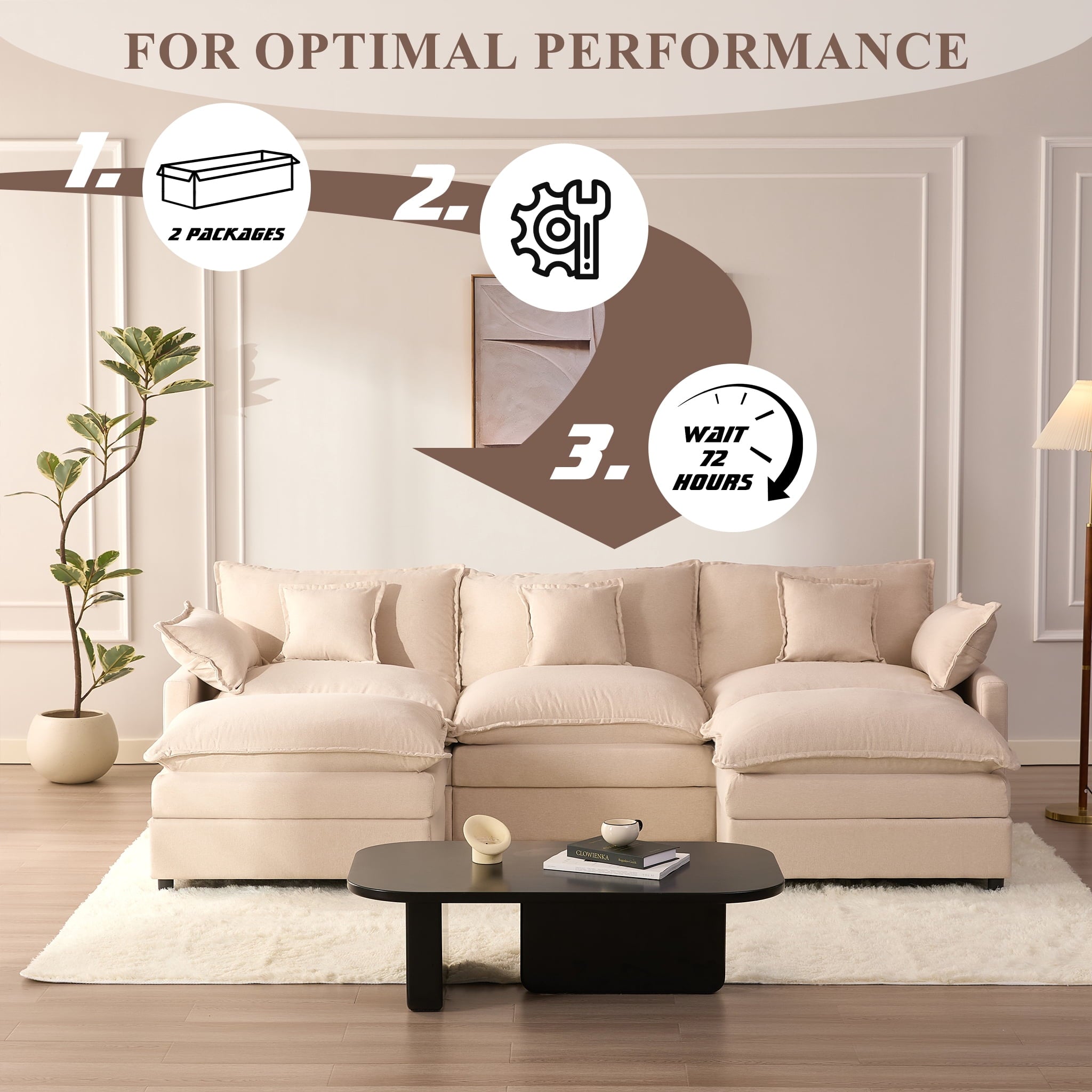 LAKPS 3-Seat Sectional Sofa Couch, Cloud-Style Deep Seating Sleeper Sofa with Included Throw Pillows, Linen Upholstery, Modern Living Room Sofa, Cream White
