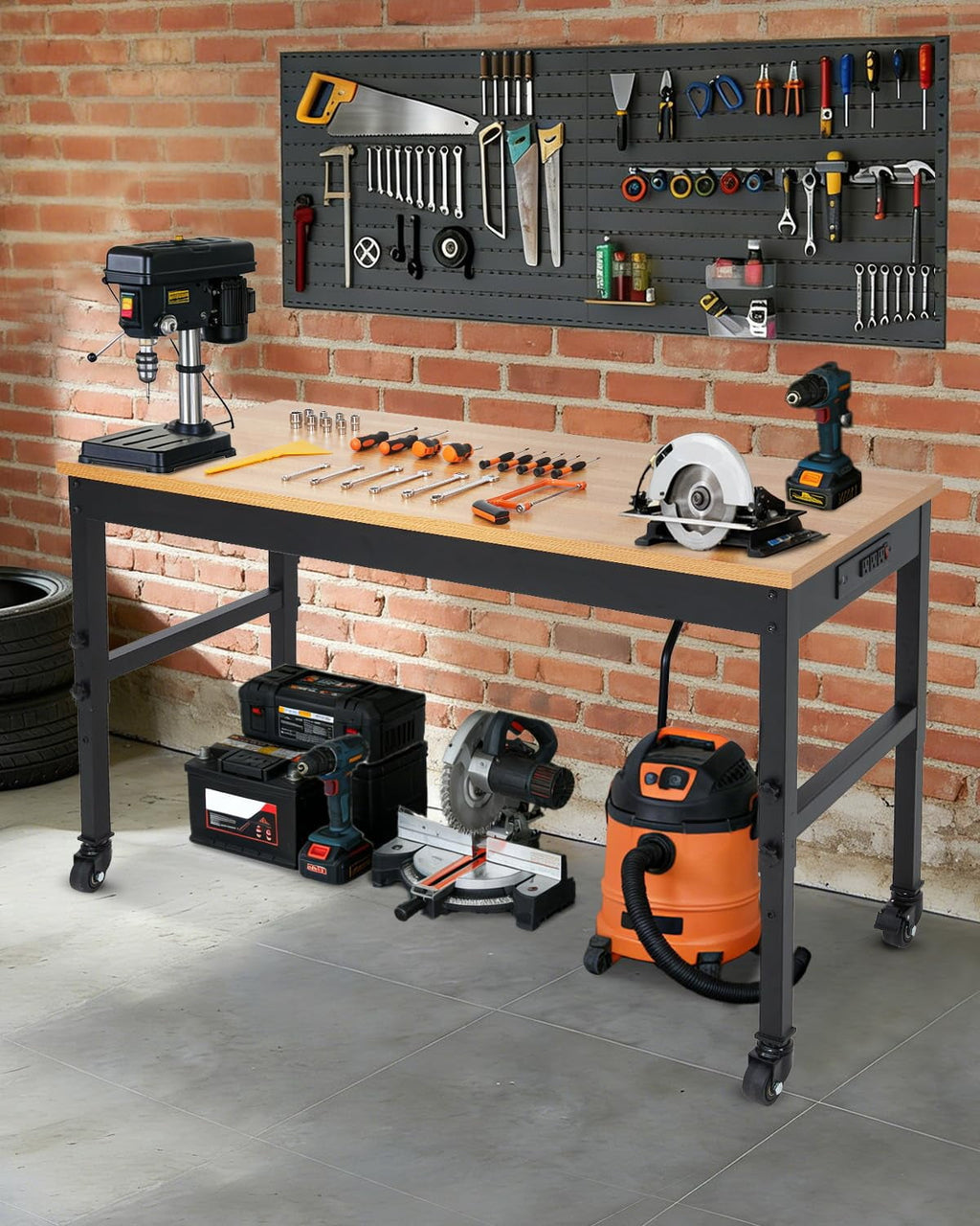 Adjustable Heavy-Duty Workbench with Power Outlets – 48 / 60 / 72 Inch Wood Top Work Table, 2500 lb Capacity, Steel Frame for Garage, Workshop, or Home Office