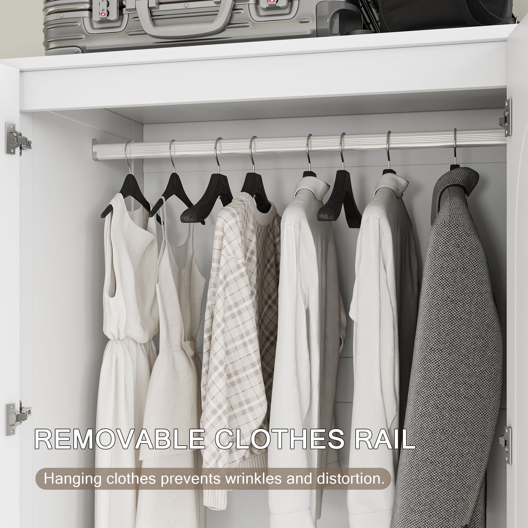 iPormis Wooden Armoire Wardrobe Closet with 2 Drawers, Clothing Storage Cabinet with Shelves Aluminum Hanging Rod, Sturdy Freestanding Modern Bedroom Clothing Armoires, White