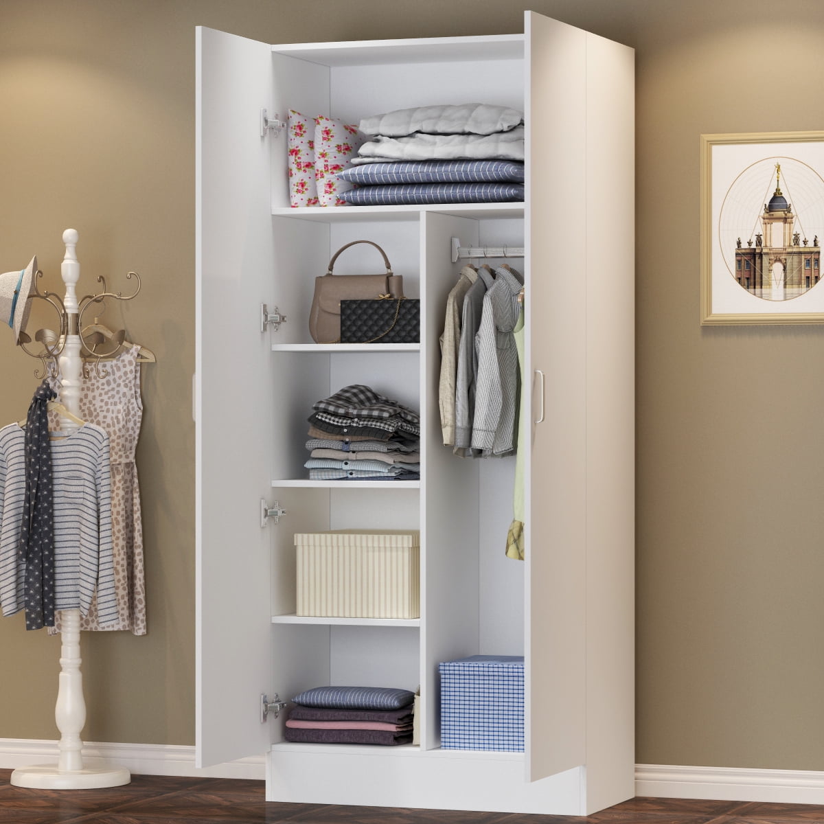 Wiawg 2 Door Wardrobe Armoire,Mirrored Closet Storage with Drawers and Shelves,White