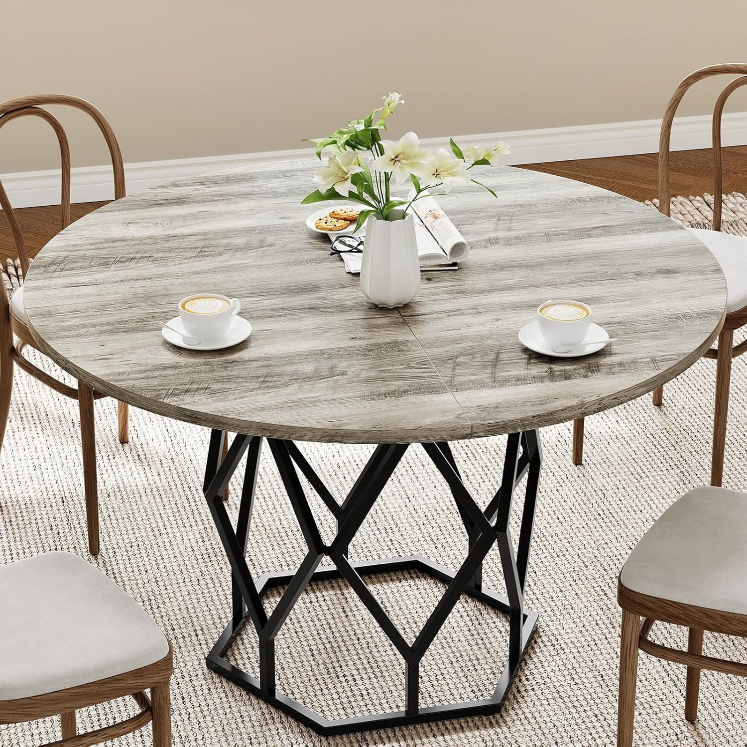 M optimized Round Dining Table for 4-6 People, 47 Farmhouse Kitchen Table, Modern Circle Dinner Table with Sturdy Base, Industrial Wood Dinning Room Table for Kitchen