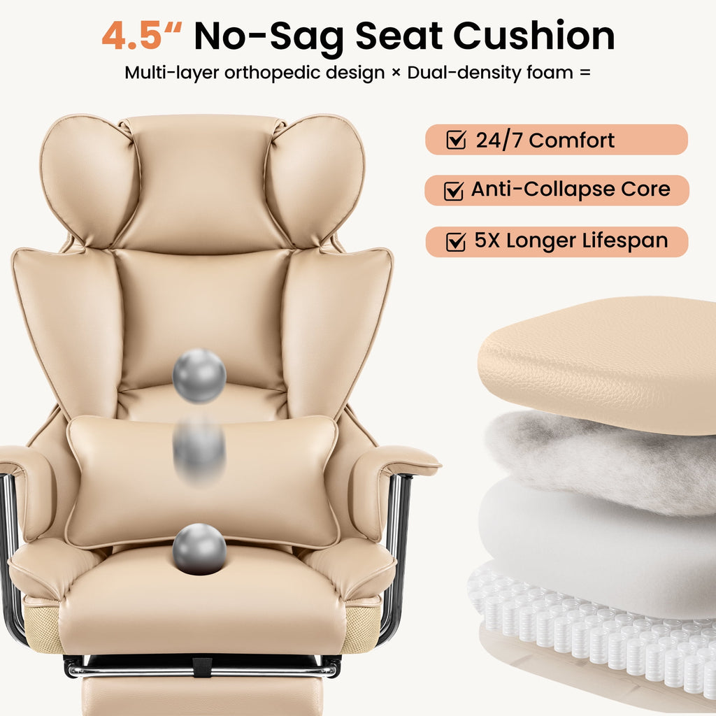 Primy High Back Office Chair, Big and Tall PU Leather Executive Chair with Footrest – Ergonomic Reclining Computer Desk Chair, High-Density Foam, Heavy Duty Swivel Rolling Chair, Black