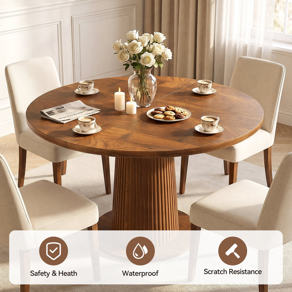Keenstone Round Dining Table 43-59 Extendable, for 4 to 6, with Storage Space, Kitchen Dinner Room Table for Dining Room and Small Space Walnut