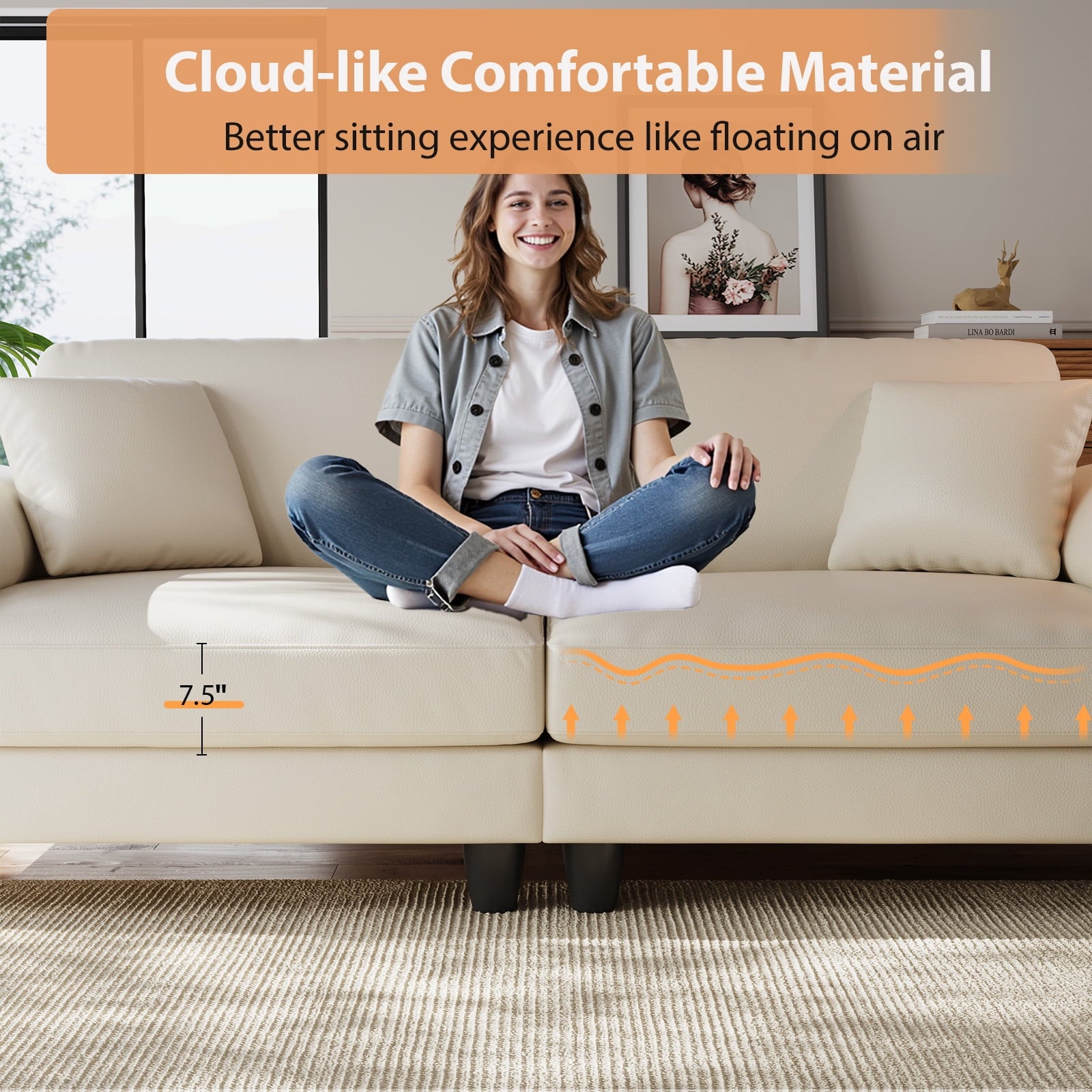 83 Couch Premium PU Leather Sofa, Comfy Extra Deep Seat 3 Seater Couch for Living Room, Oversized Loveseat with 2 Pillows, Beige