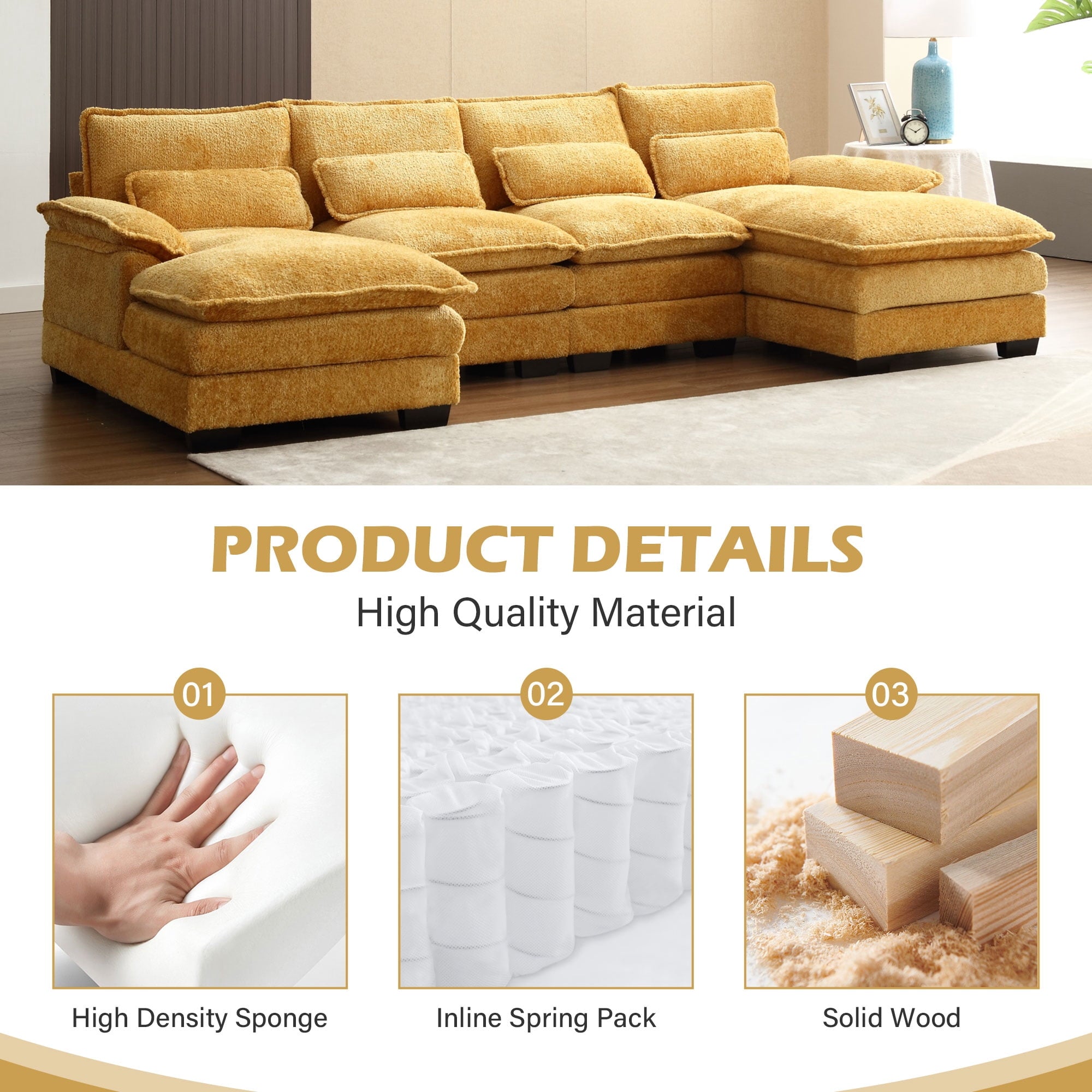 JONPONY109.45 U Shaped Couch,Oversized 4 Seat Sectional with 4 Waist Pillows, Convertible Upholstery Symmetrical Sofá,Sleeper Sofa Couch with Double Chaise Lounge &Memory Foam for Living Room, Beige