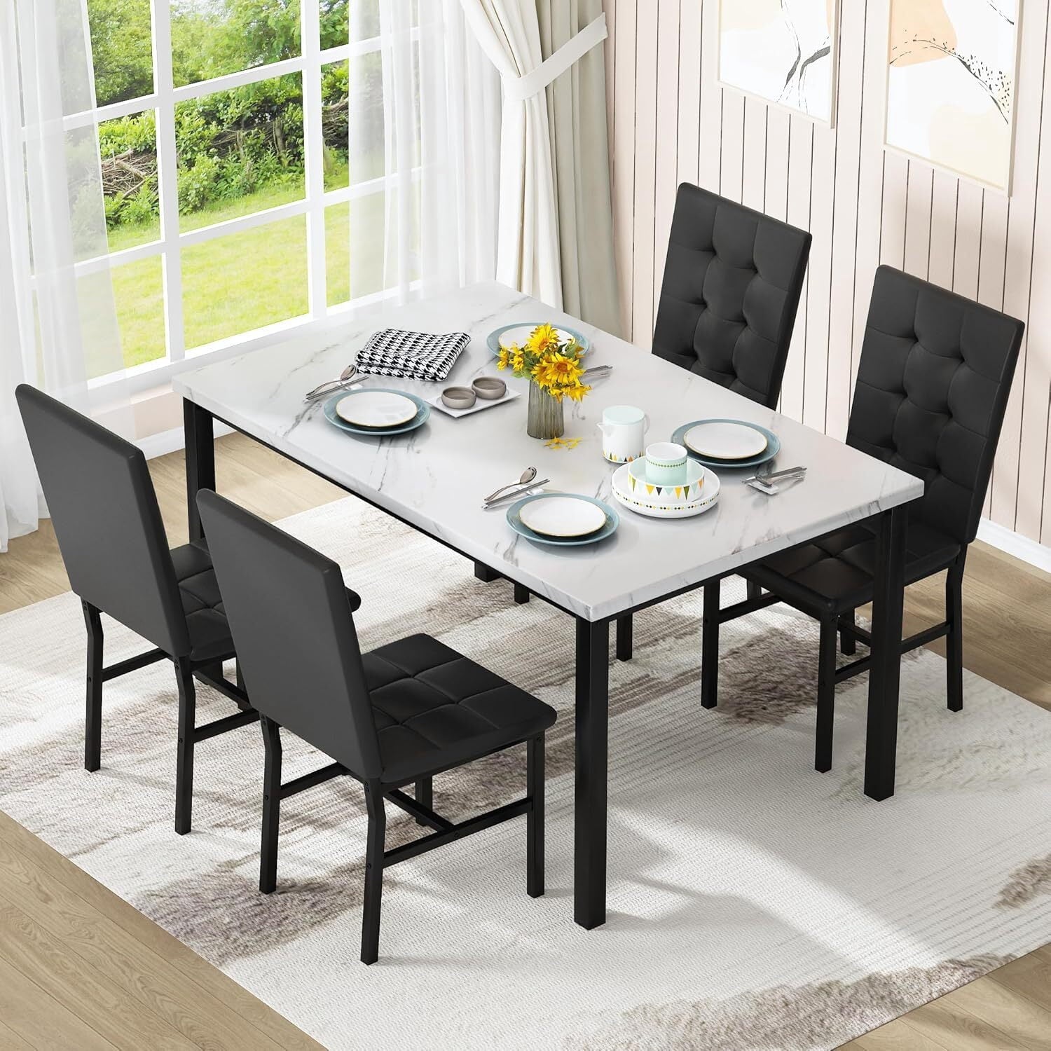 MOOSENG 5-Piece Dining Table Set with Faux Marble Top, Modern Kitchen Table and Set of 4 Grey Velvet Upholstered Chairs, Space-Saving Dinette Set for Small Spaces