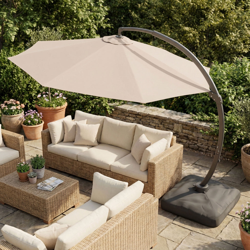 LAZZO 12ft Outdoor Patio Umbrella with Base and Lights, Aluminum Offset Cantilever Umbrella for Pool Deck, Champagne