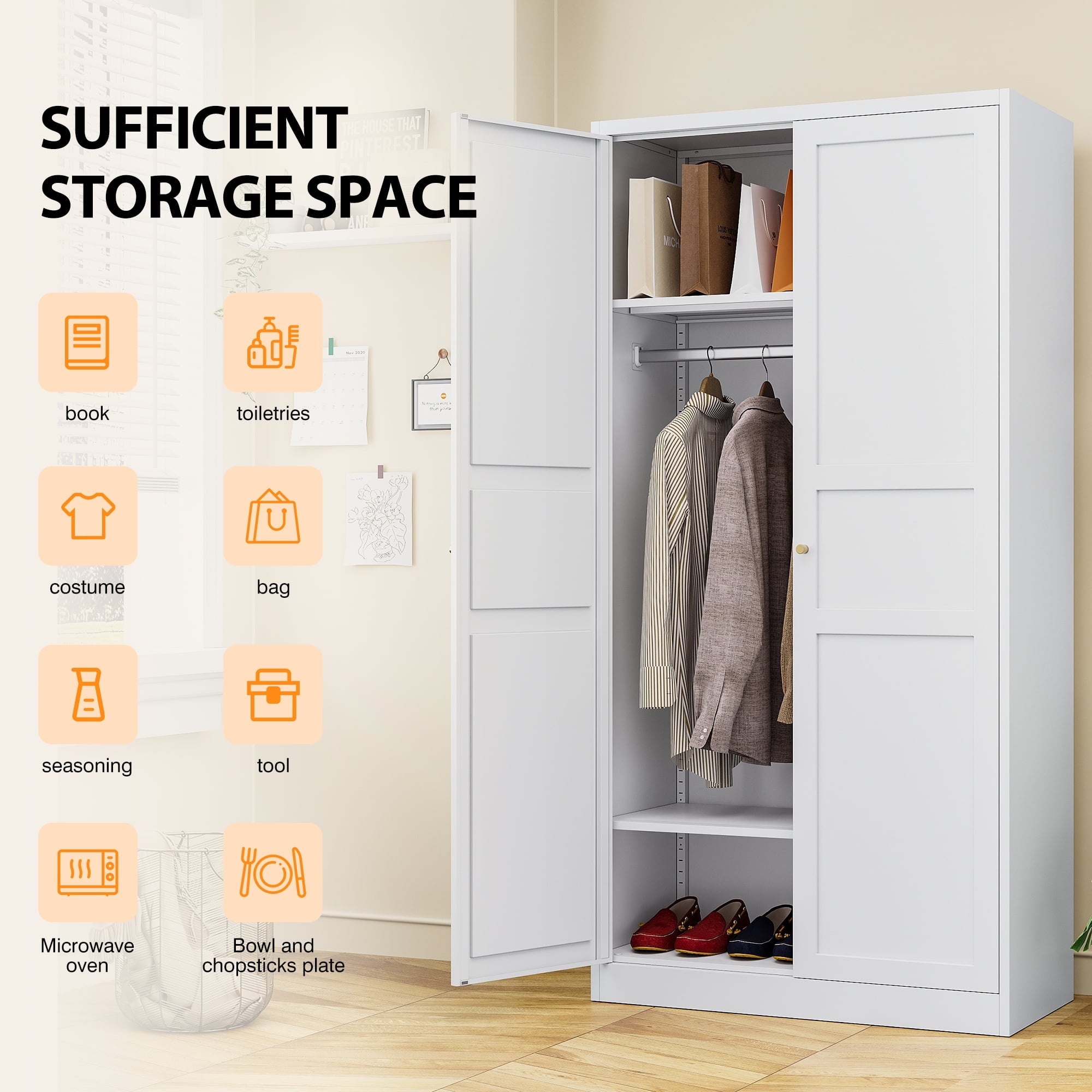 STANI Metal Wardrobe Closet with Hanging Rod, 72 White Armoire Wardrobe Cabinet with Adjustable Shelves, Clothes Storage Organizer Cabinets for Bedroom, Bathroom, Office