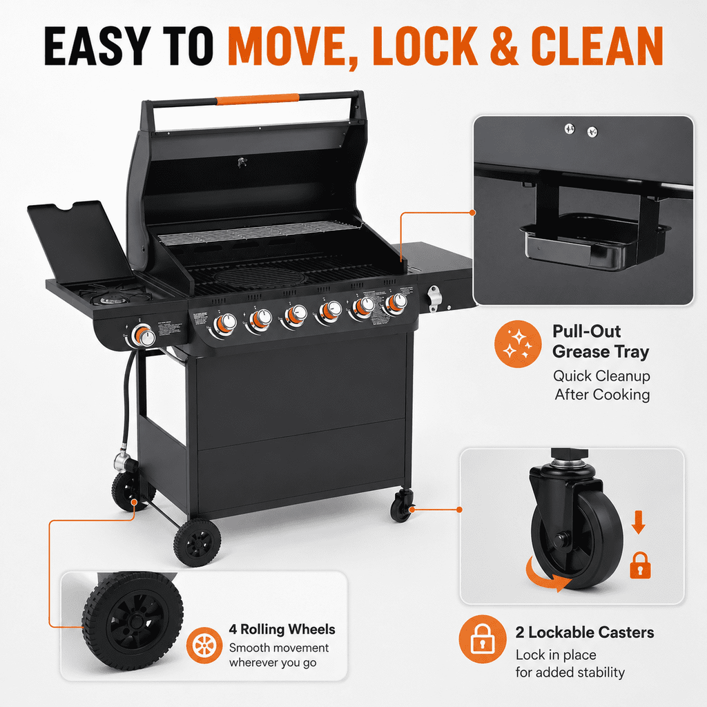 72,000 BTU Gas Grills Clearance, 6-Burner Propane BBQ Grill with Side Burner, 650 Sq.In Cooking Area, Cast Iron Grates, Warming Rack, Thermometer, Outdoor Grill for Patio Backyard