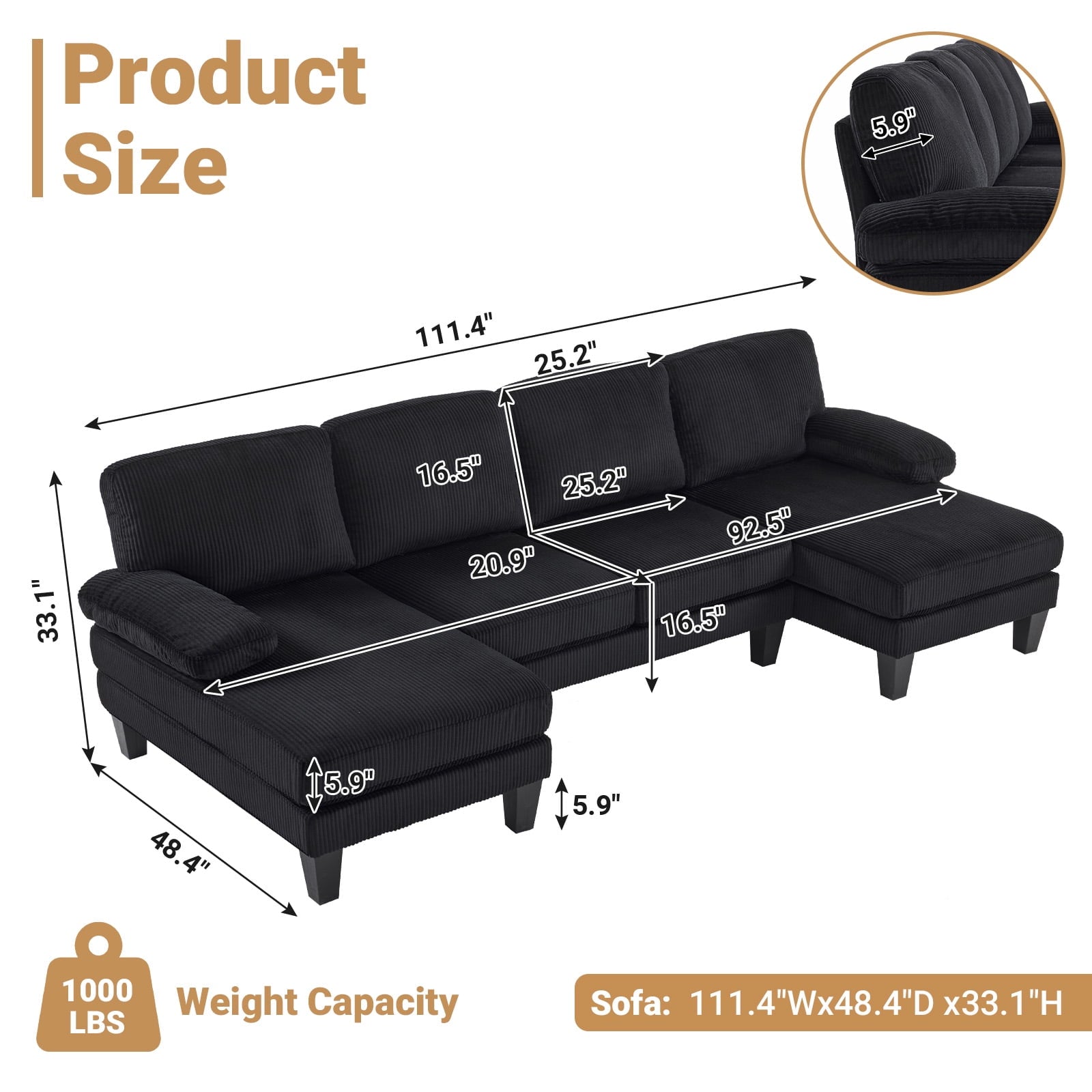 Ktaxon U-Shaped Sectional Sofa, 111  Chenille Couch, 4 Seat Lounge Sleeper with Double Chaise for Living Room Black