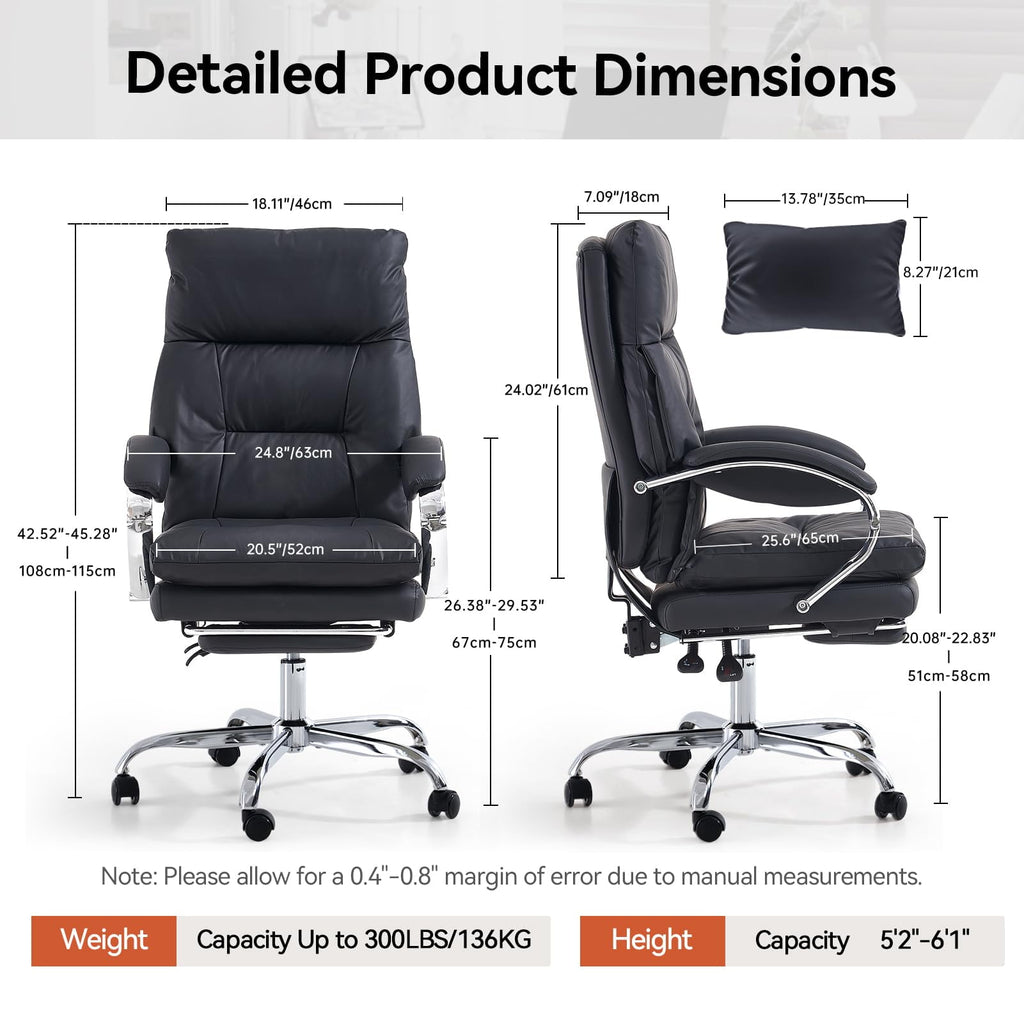 LEAGOO Reclining Office Chair with Foot Rest, Executive Office Chairs with Arms, Ergonomic High Back PU Leather Comfy Swivel Computer Desk Chairs with Wheels and Lumbar Support for Home Office, White